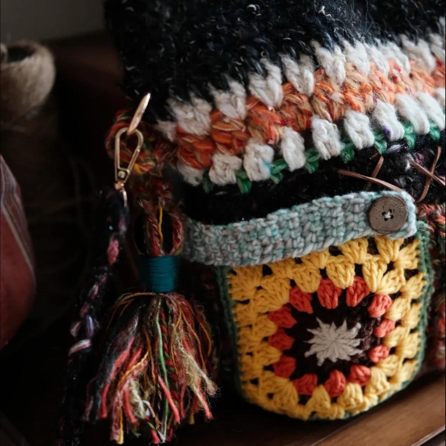 Handmade Crochet Tote Bag, "Wanderer's Soul" Mixed Yarn Bag, Lined Crochet Tote with Granny Square, Leather Button Detail, Boho Travel Purse