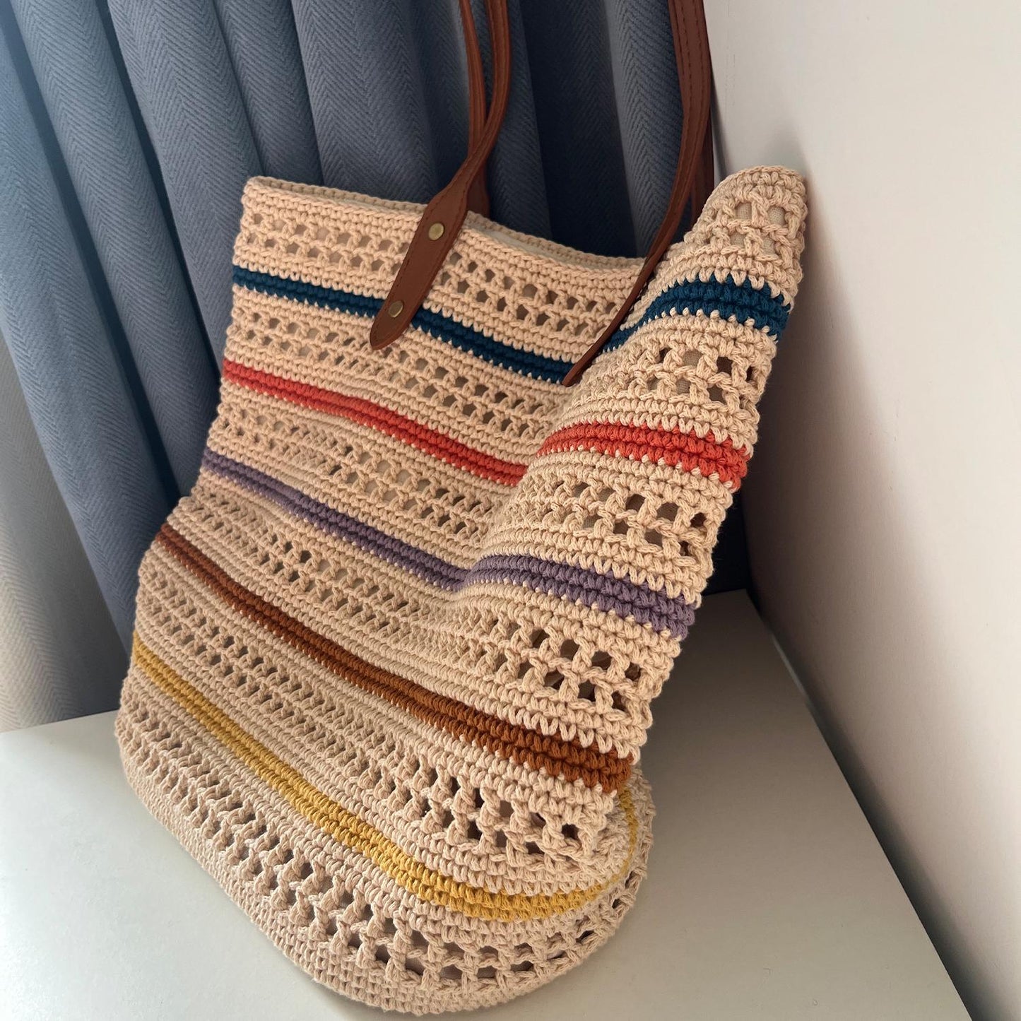 Sunset Stripe Crochet Bag, Handmade Shoulder Bag, Handbag Gift for Her