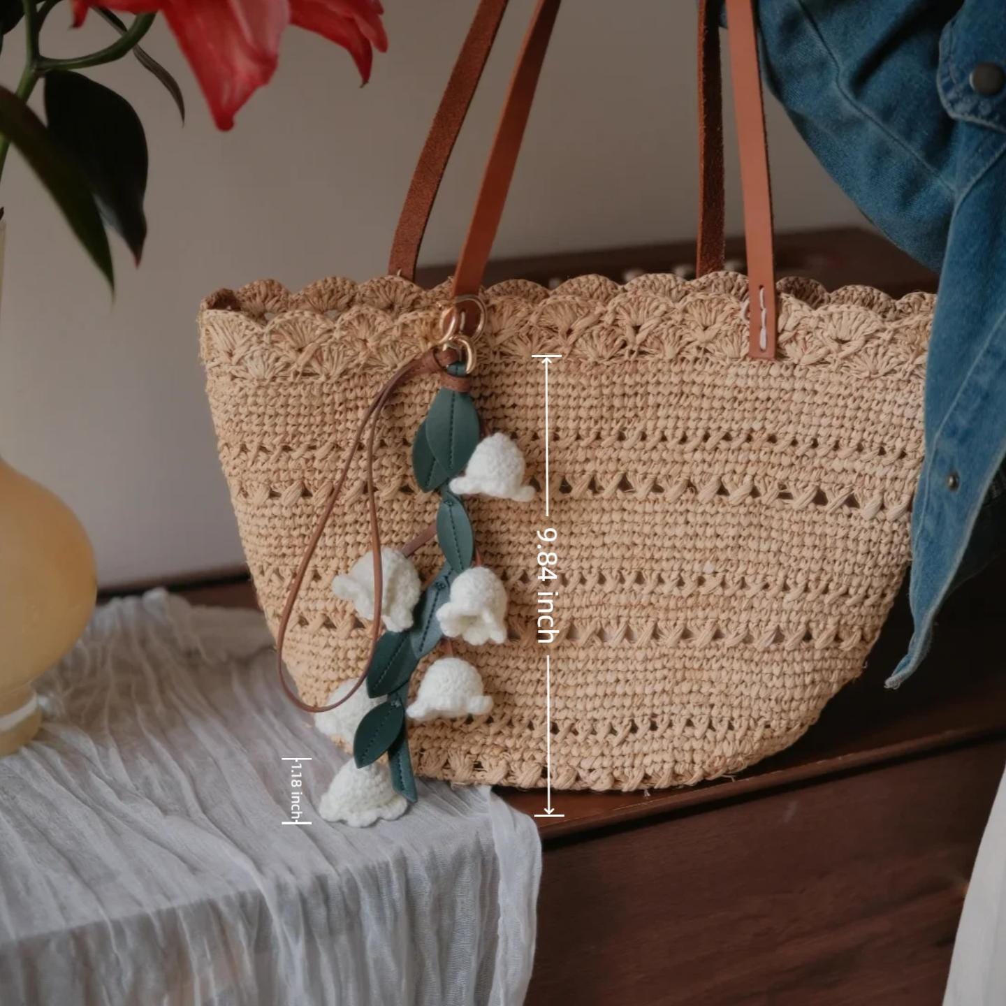 Handmade Raffia Tote Bag with Leather Lily of the Valley Charm Set, Crochet Beach Bag with Lining, Boho Purse Gift for Her