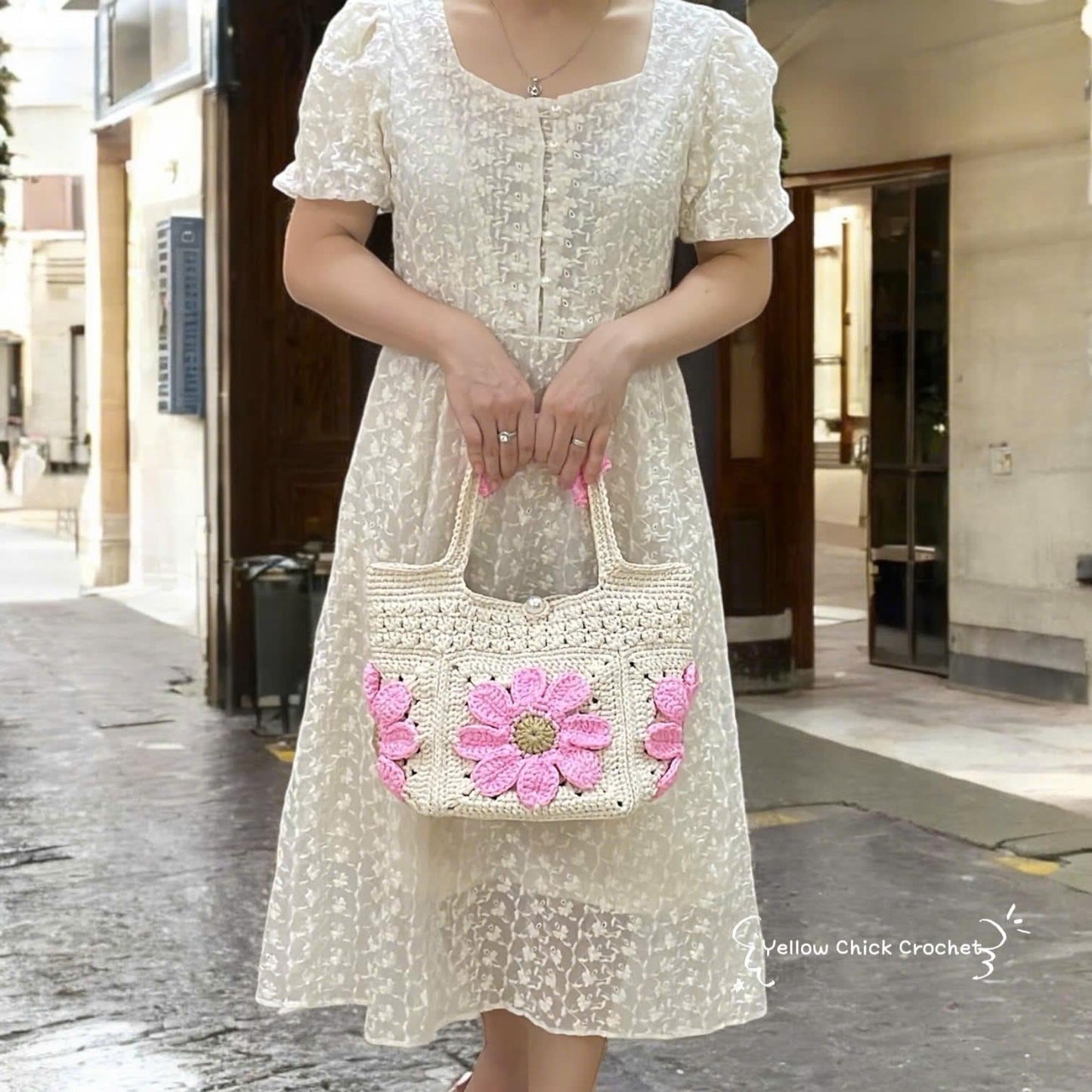 Tote bag, Crochet Granny square bag, handmade handle bag, pink flower summer beach bag, birthday gift, gift for her, Valentine Gifts