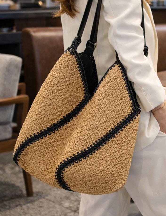 Woven Straw Tote, V-Shape Geometric Raffia Beach Bag, Boho Shoulder