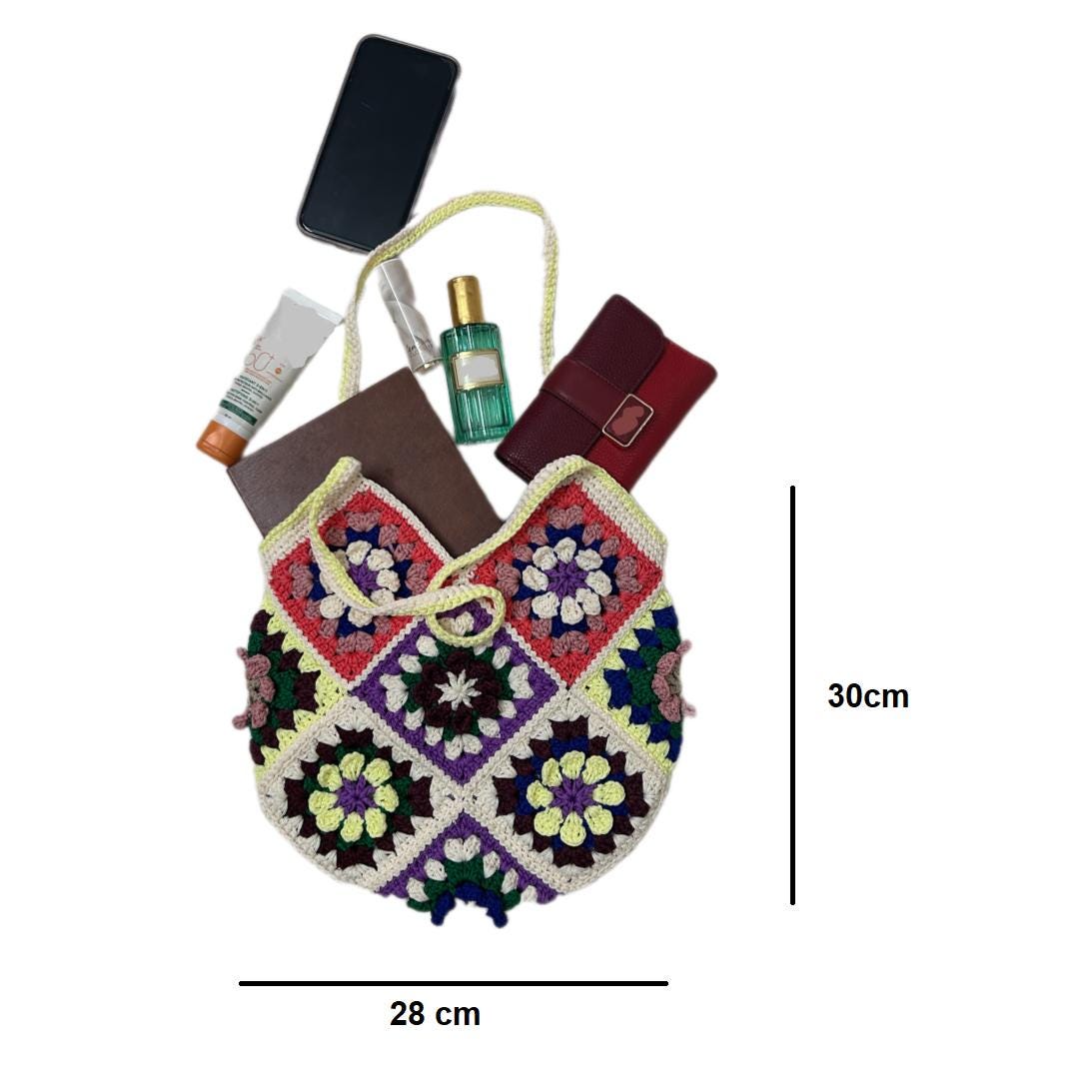 Handmade Crochet Granny Square Tote Bag: Colorful Boho Shoulder Bag