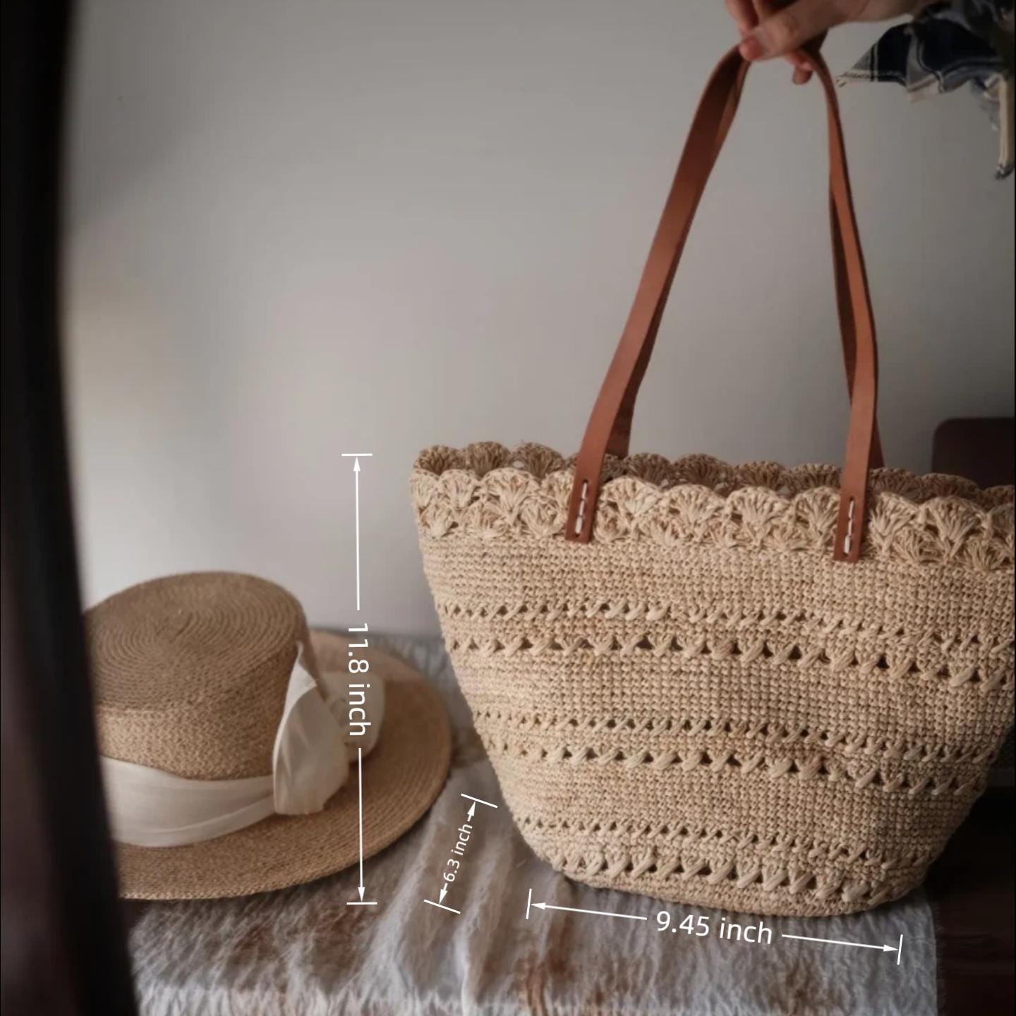 Handmade Raffia Tote Bag with Leather Lily of the Valley Charm Set, Crochet Beach Bag with Lining, Boho Purse Gift for Her