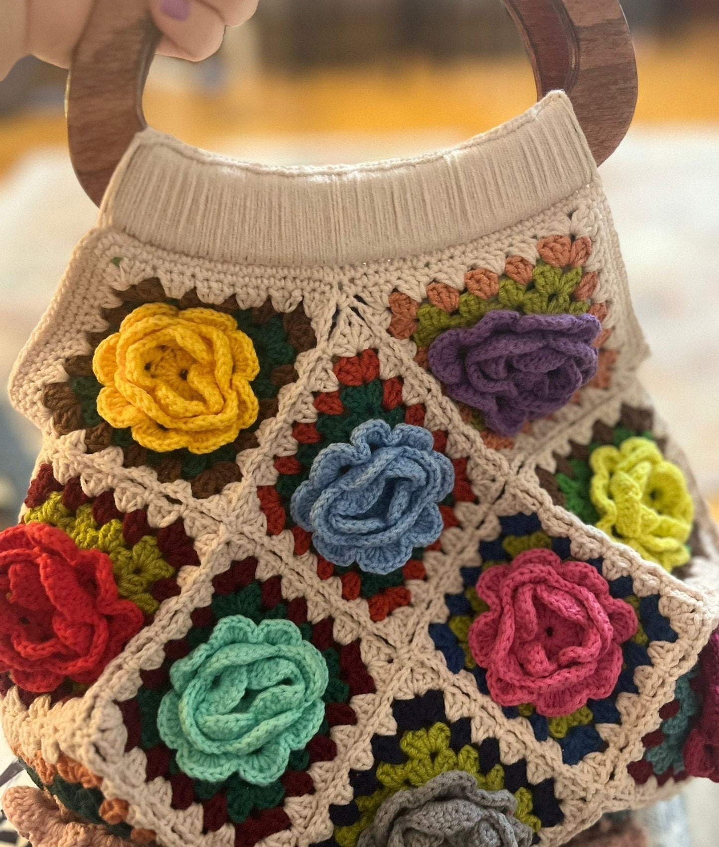 Vintage style rose granny squares crochet bag wooden frame unique special day present