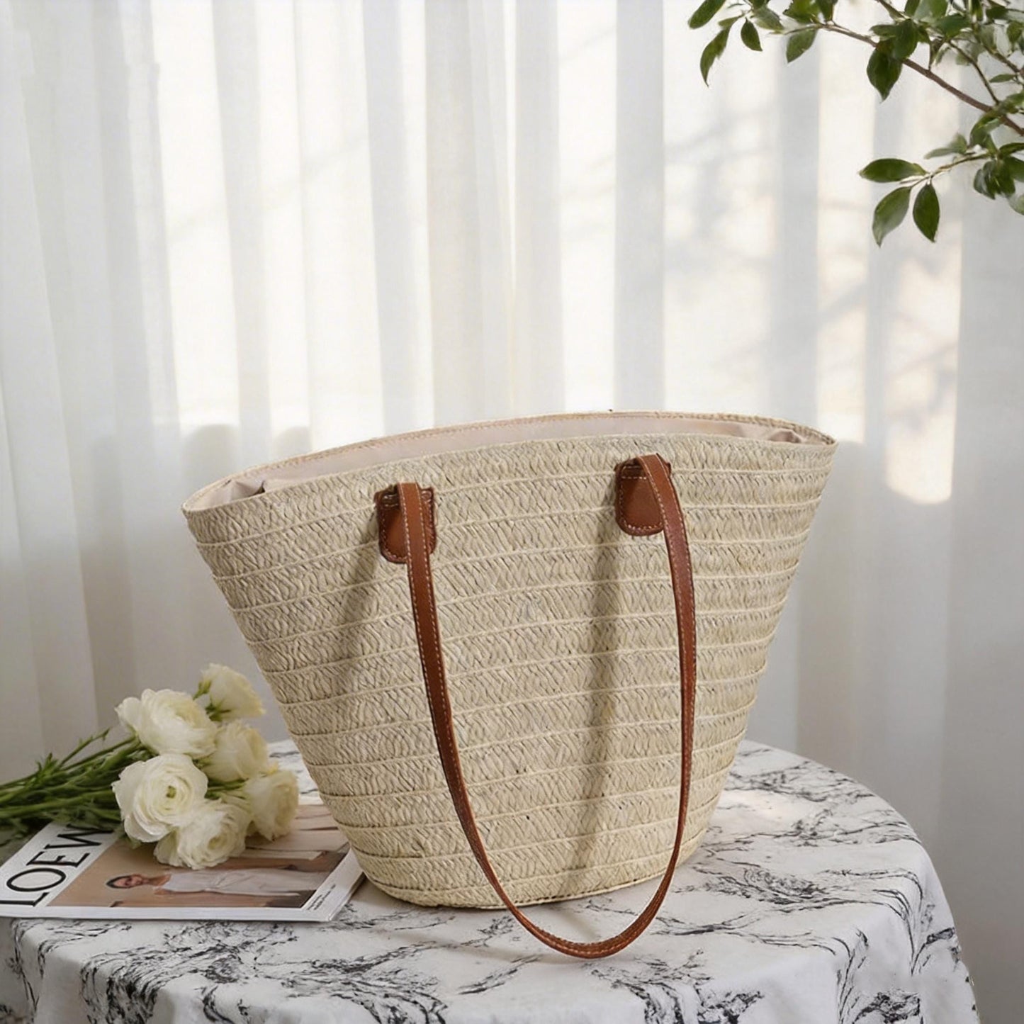 Handmade Straw Bag with Leather Handles | Summer Raffia Tote Hand Bag | Beach Vacation Purse