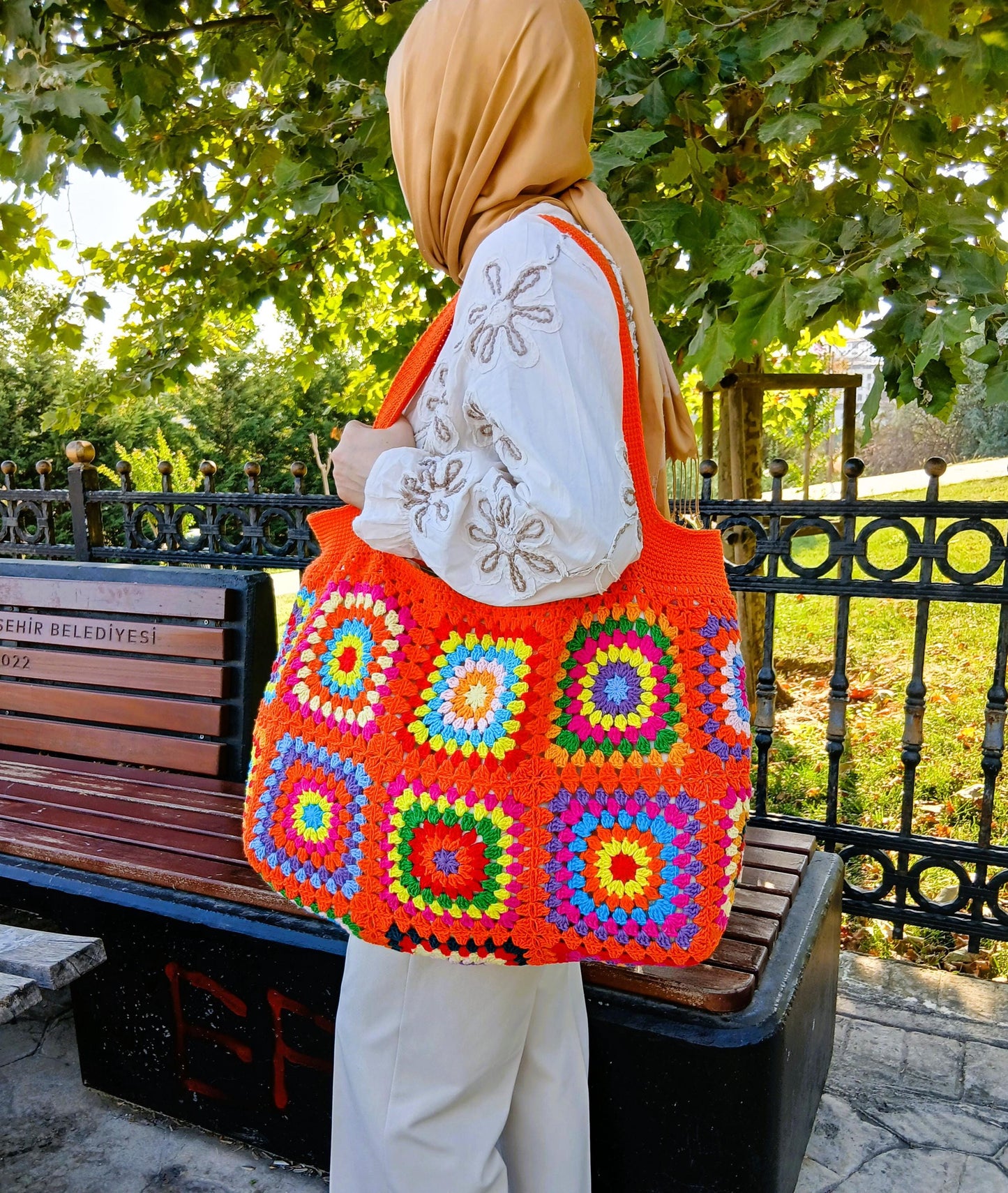 Granny Square Tote Bag, Shoulder Bag Purses for Women, Orange Purse and Handbag Crochet