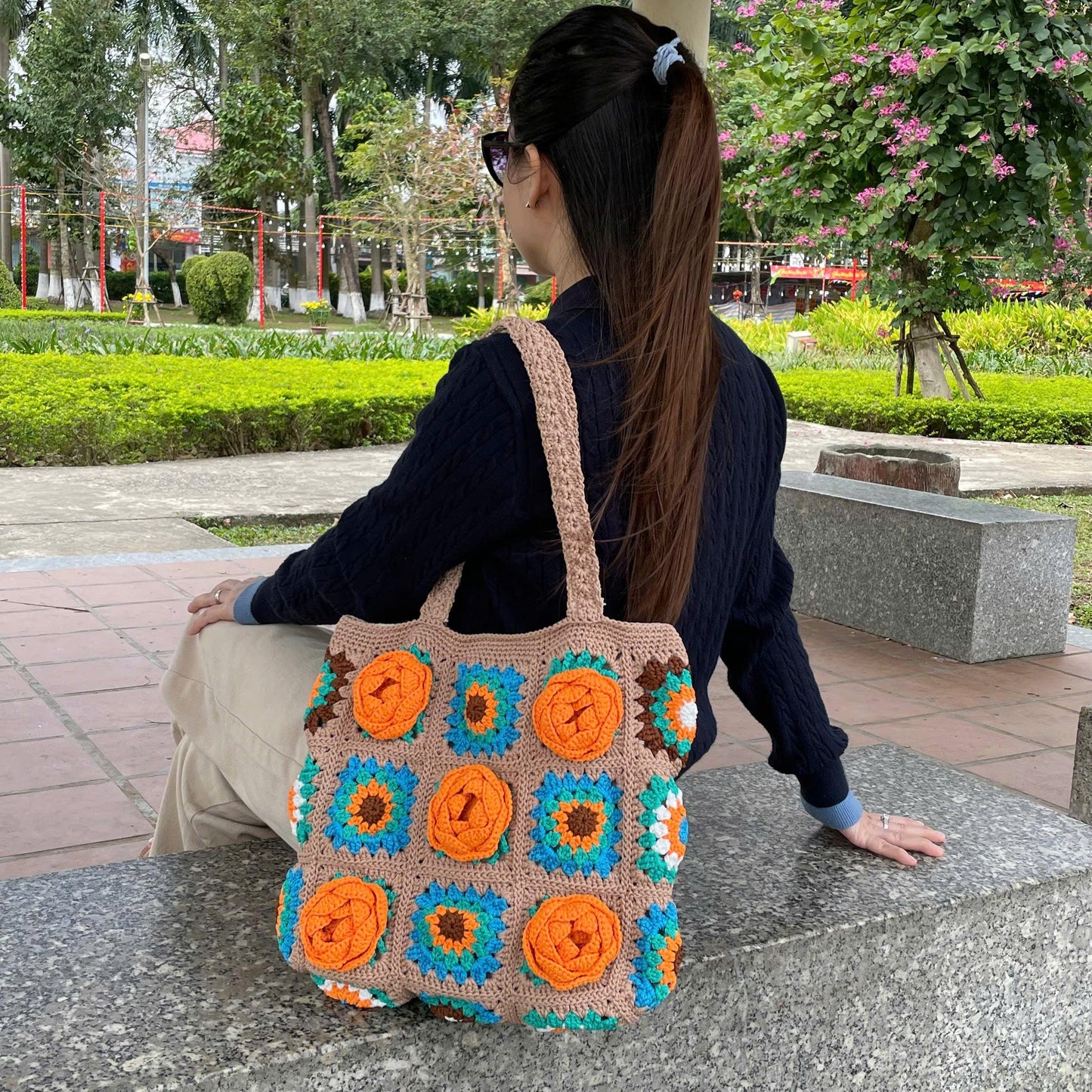 Crochet Bloom Floral Bag, Handmade Shoulder Tote, Valentine Gift, Valentine accessories, Love Bag, Flower bag