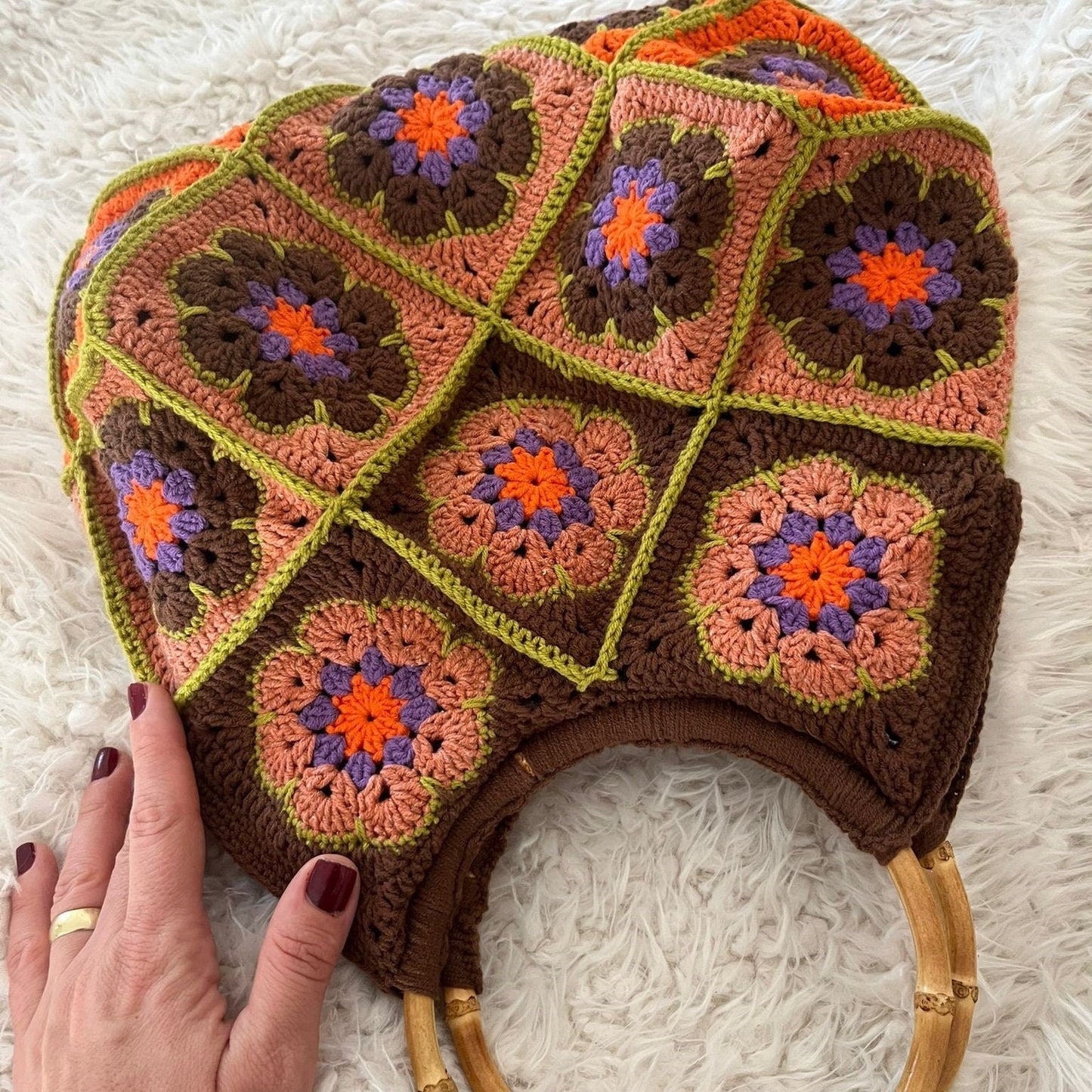 Vintage style granny squares crochet bag wooden frame unique special day present