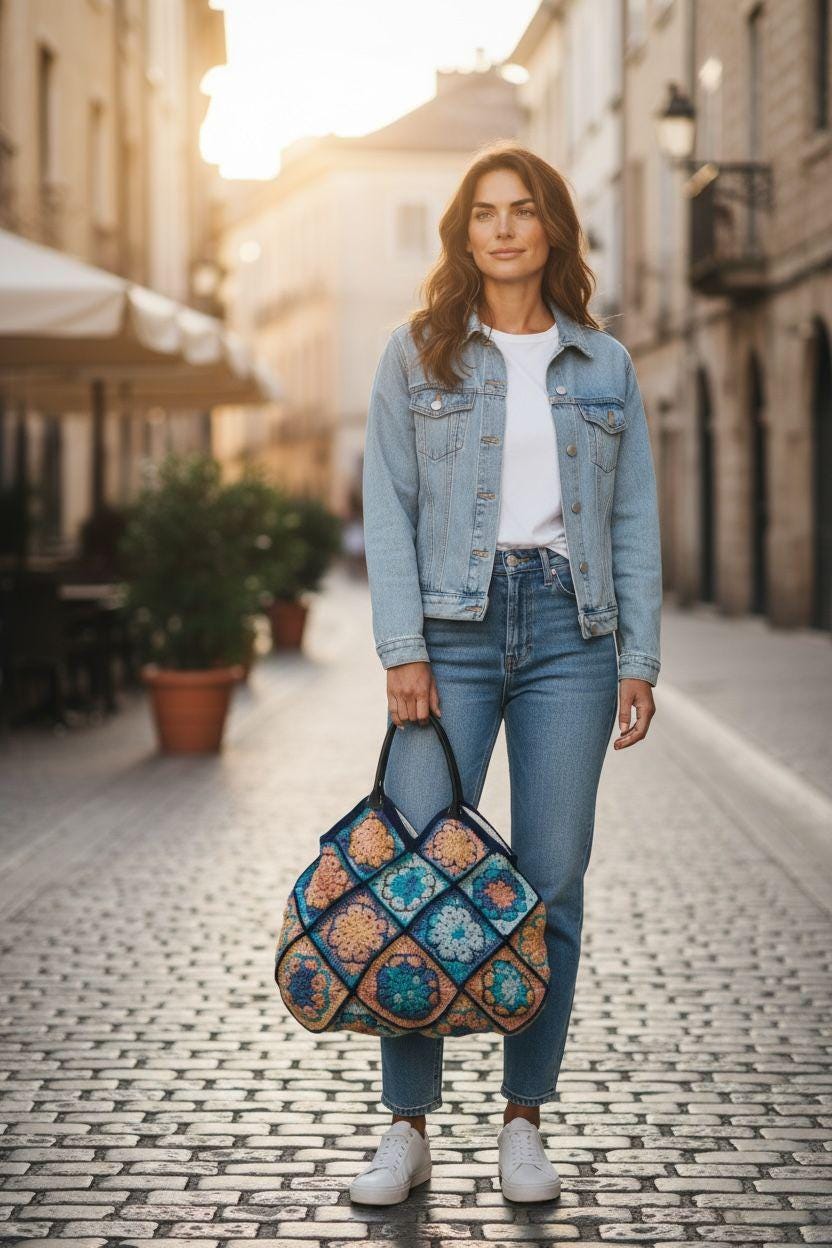 Handmade Crochet Bag: Colorful Granny Square Tote with Leather Handles