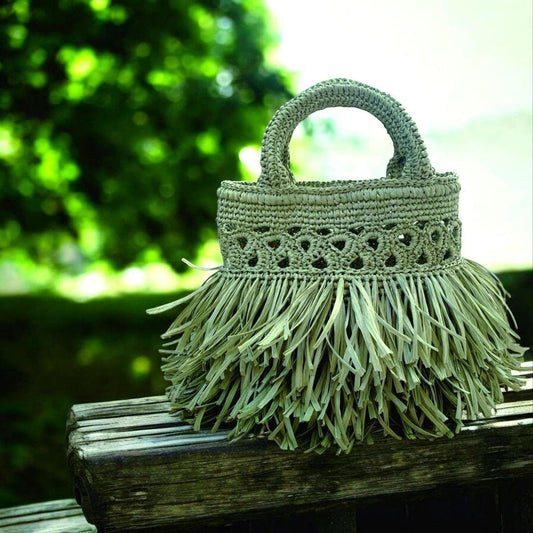 Raffia fringe bag, boho-style crocheted handbag, summer evening bag, woven handbag, women's festival bag, green tote bag as a gift