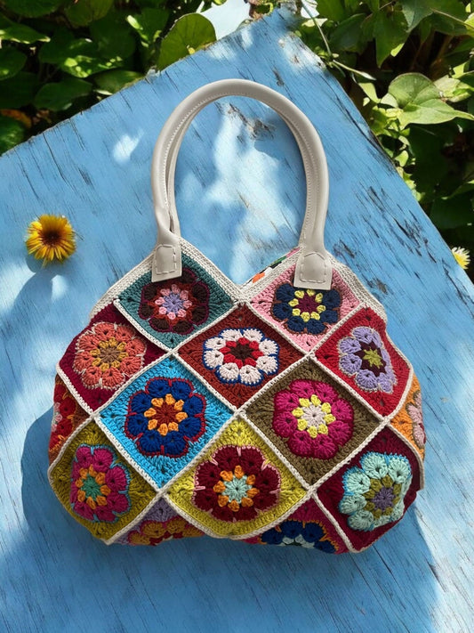 Vintage Crochet Bag: Colorful Granny Square Purse with Leather Handle
