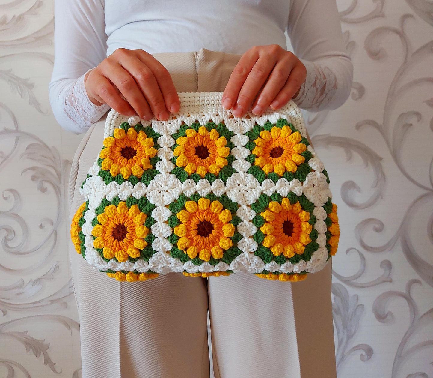 Handmade Crochet Granny Square Bag: 3D Rose Kisslock Clutch, Valentine Tote Bag