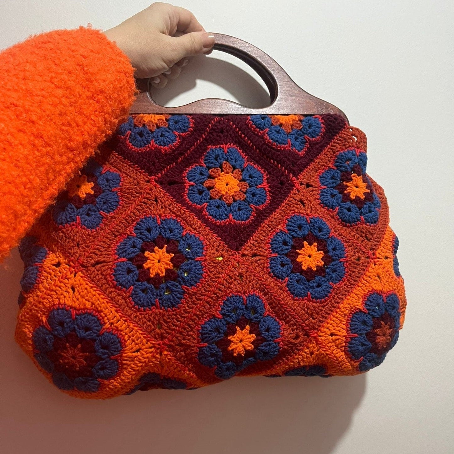 Boho Crochet Granny Square Tote â€?Handmade Vintage Style Purse with Wooden Handles