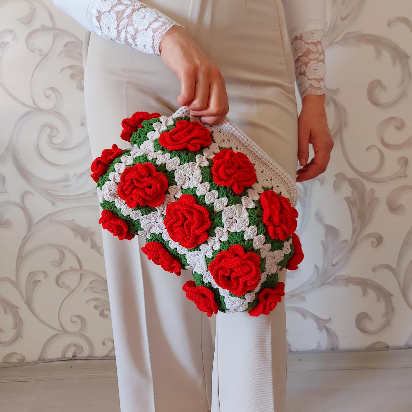 Crochet Rose Granny Square Kiss Lock Bag: Handmade Cotton Purse, Galentine's Day Gifts Bag, Valentine Tote Bag