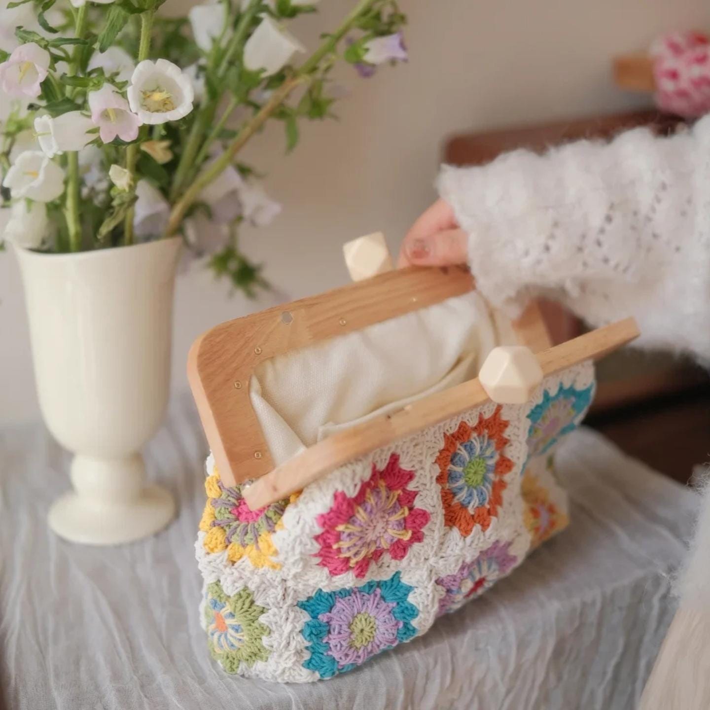 Handmade Cotton Crochet Bag, Granny Square Floral Tote, Woven Knit Shoulder Bag, Unique Designer Purse, Eco Friendly Handcrafted Bag