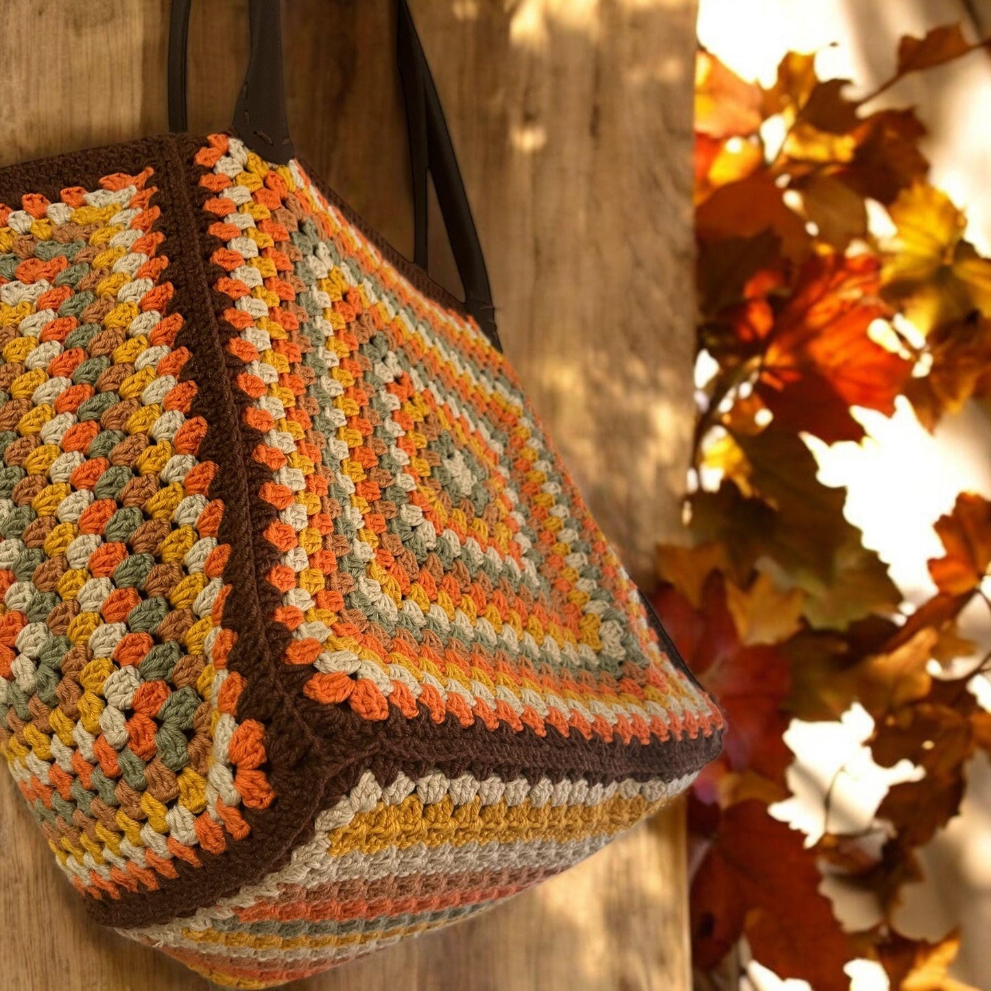 XXL Granny Square Crochet Bag: Autumn Colors, Leather Handles
