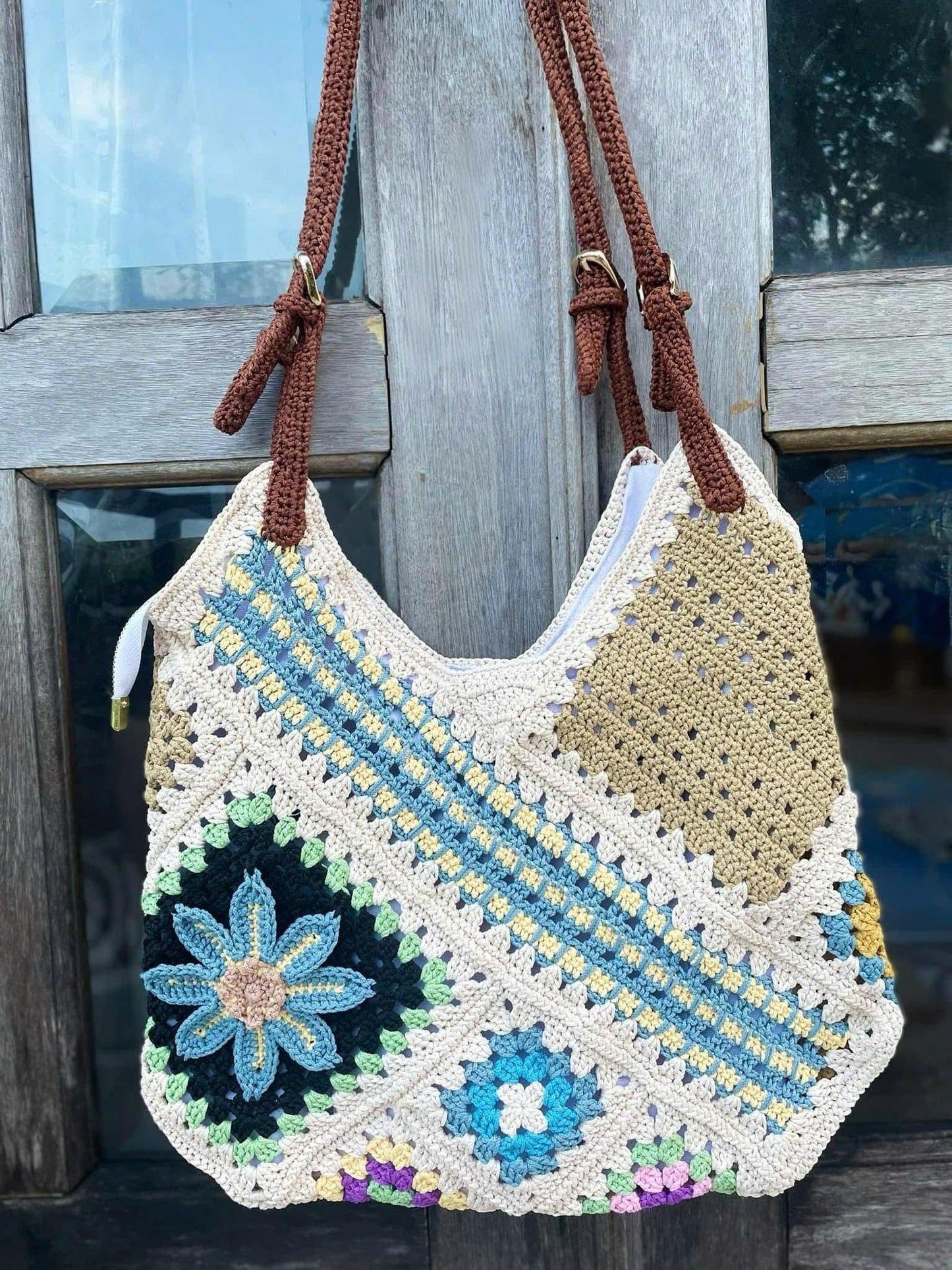 Handmade Crochet Patchwork Tote Bag, Warm Autumn Colors, Lined - Zippered, Mother's Day Gift, Floral Square Bag, Easter Gift