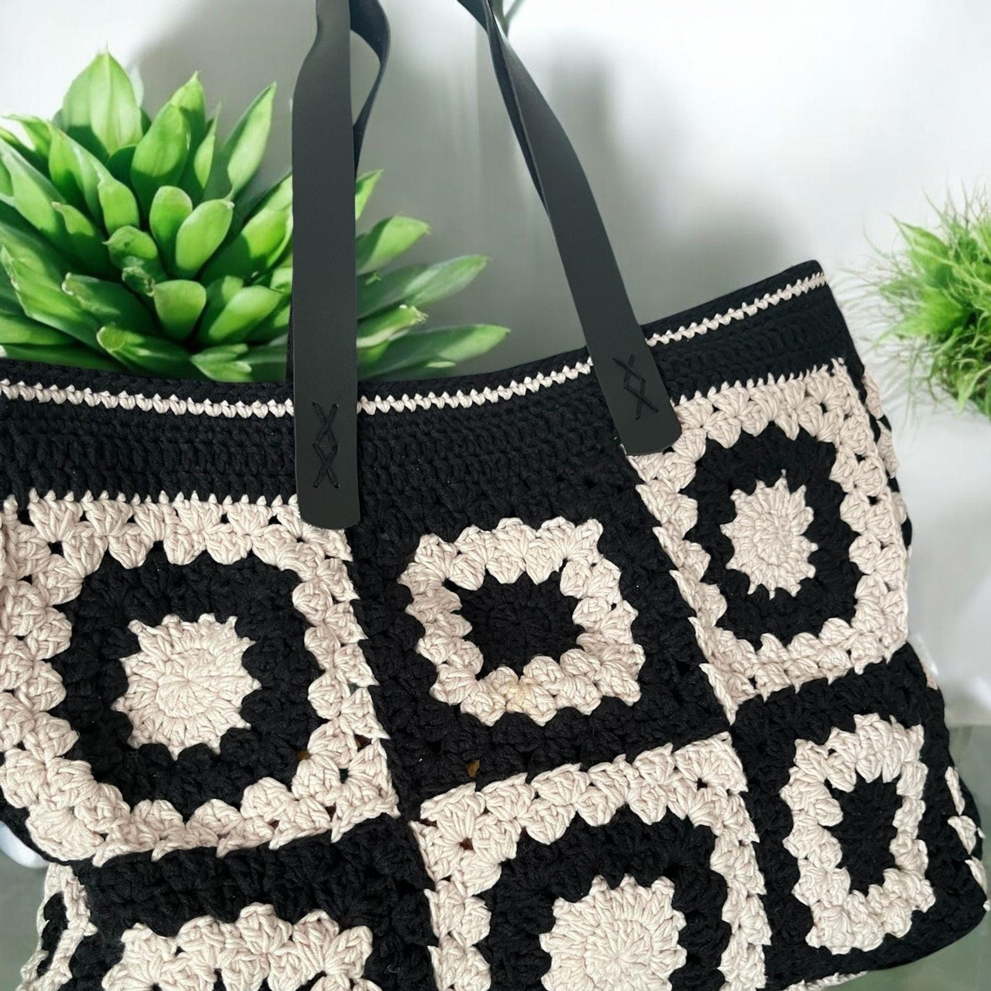Black &amp; Cream Crochet Tote Bag with Leather Handles
