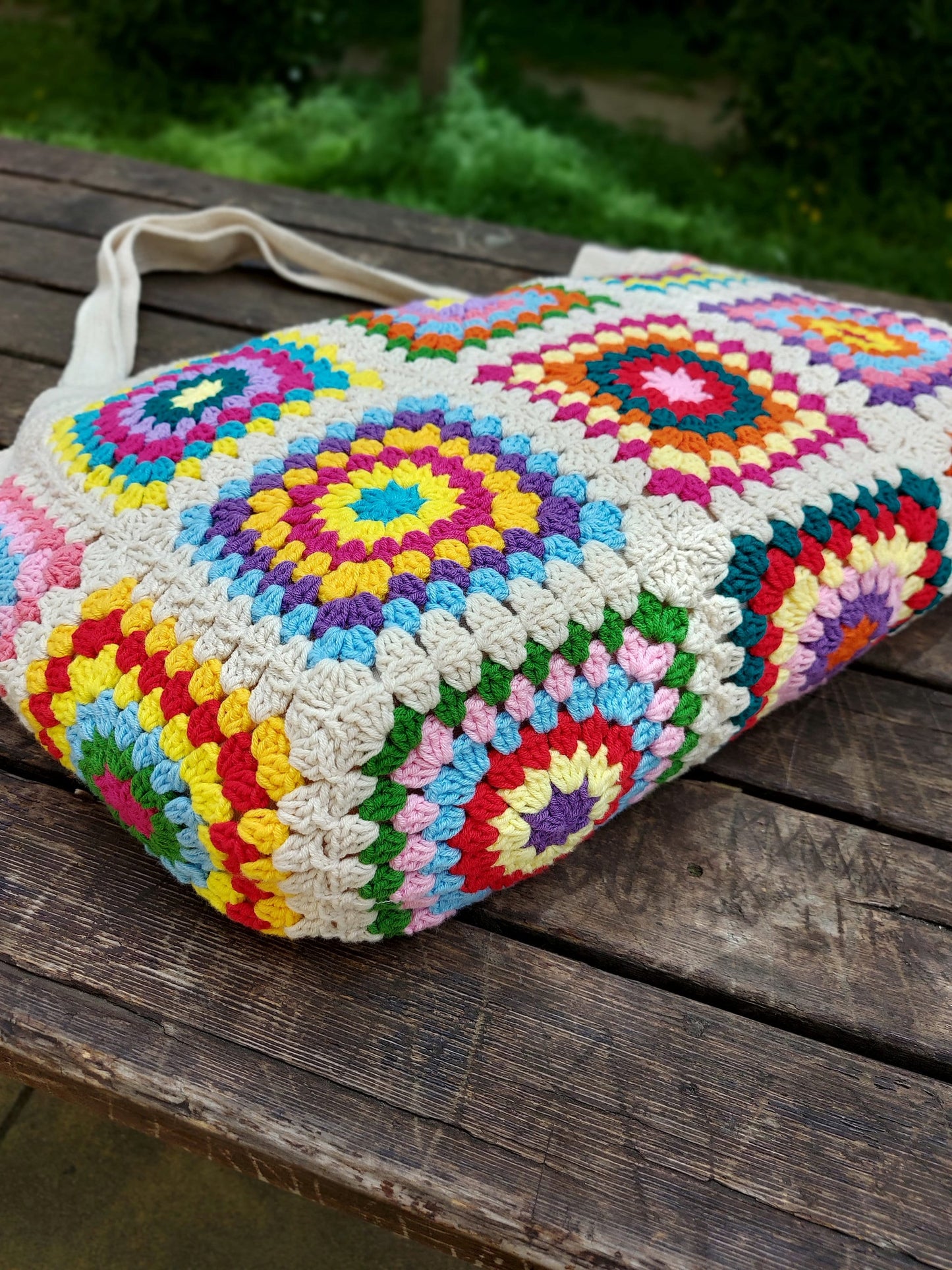 Granny Square Crochet Tote Bag: Colorful Hippie Shoulder Bag
