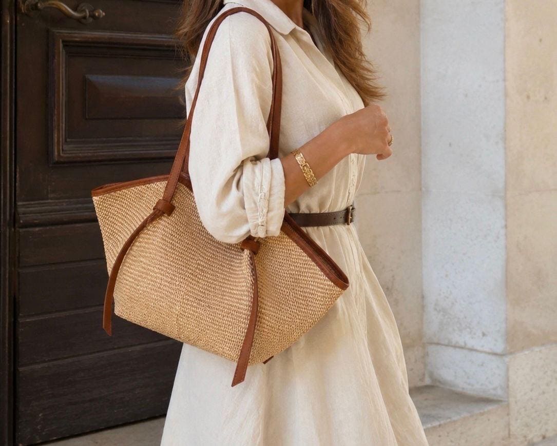 Shoulder tote bag in genuine leather and raffia, Italian tote bag, made in Italy bag, summer raffia straw bag, Italian leder pockets, luxury gift