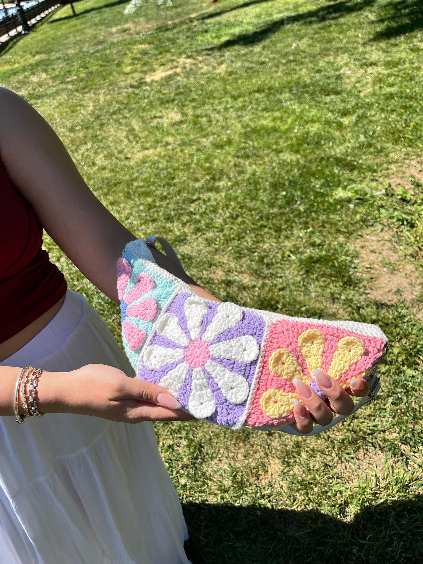 Crochet Granny Square Crossbody Bag: Bohemian Cotton Blend Bum Bag, Aesthetic Spring Style