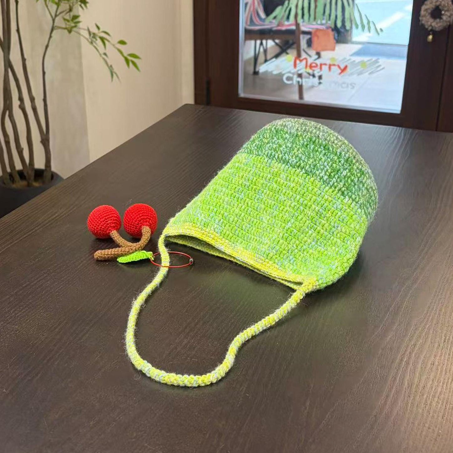 Handmade Crochet Tote Bag, Cherry Charm Cotton Shoulder Bag, Handbag Gift for Her