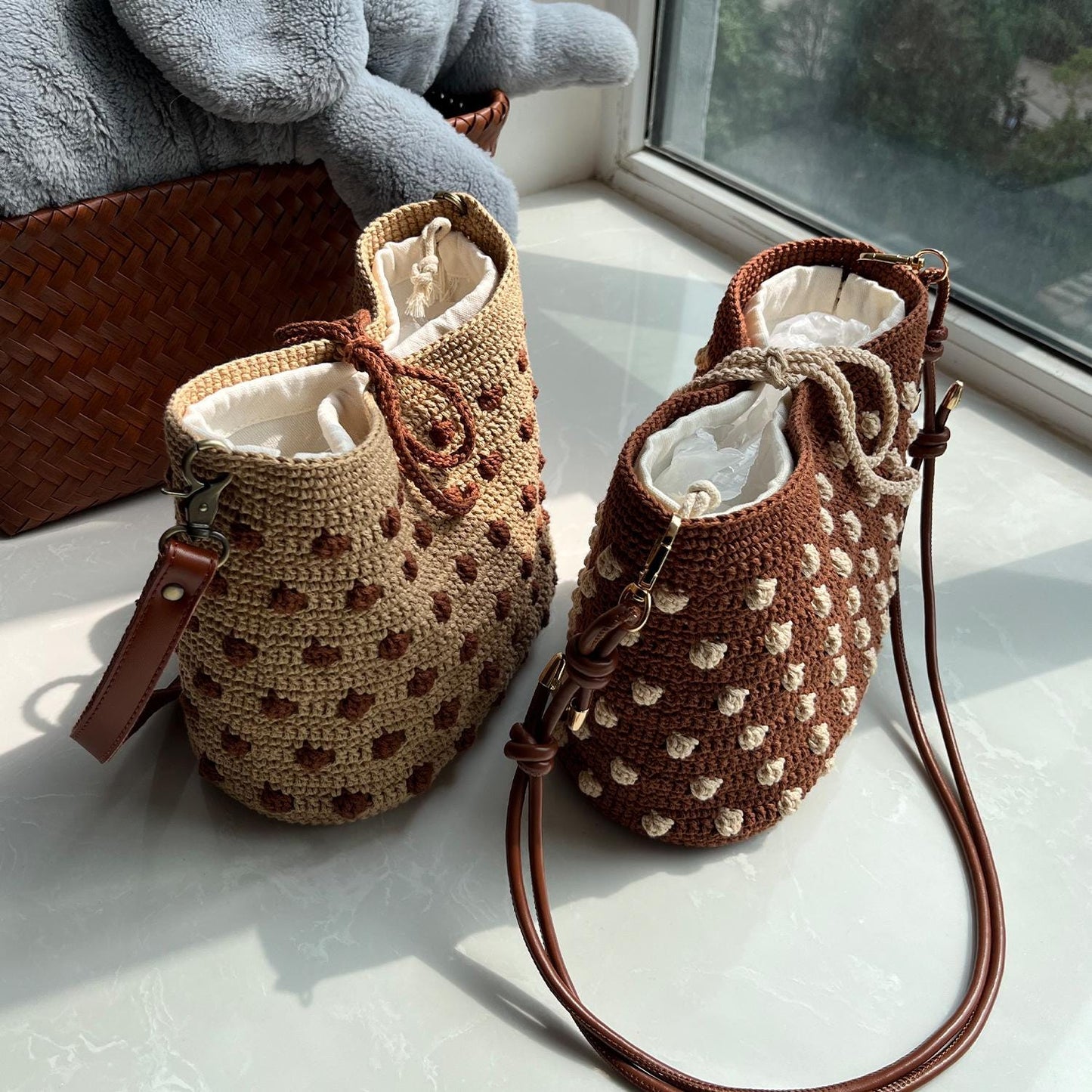 Cocoa Dot Crochet Bag, Handmade Shoulder Bag, Handbag Gift for Her