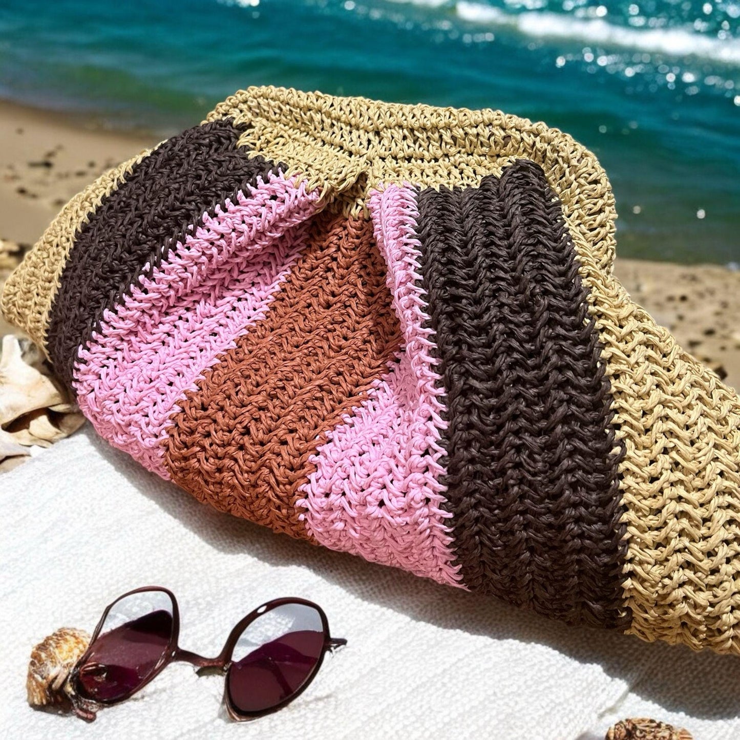 Striped Raffia Crochet Bag: Handmade Paper Rope Handbag