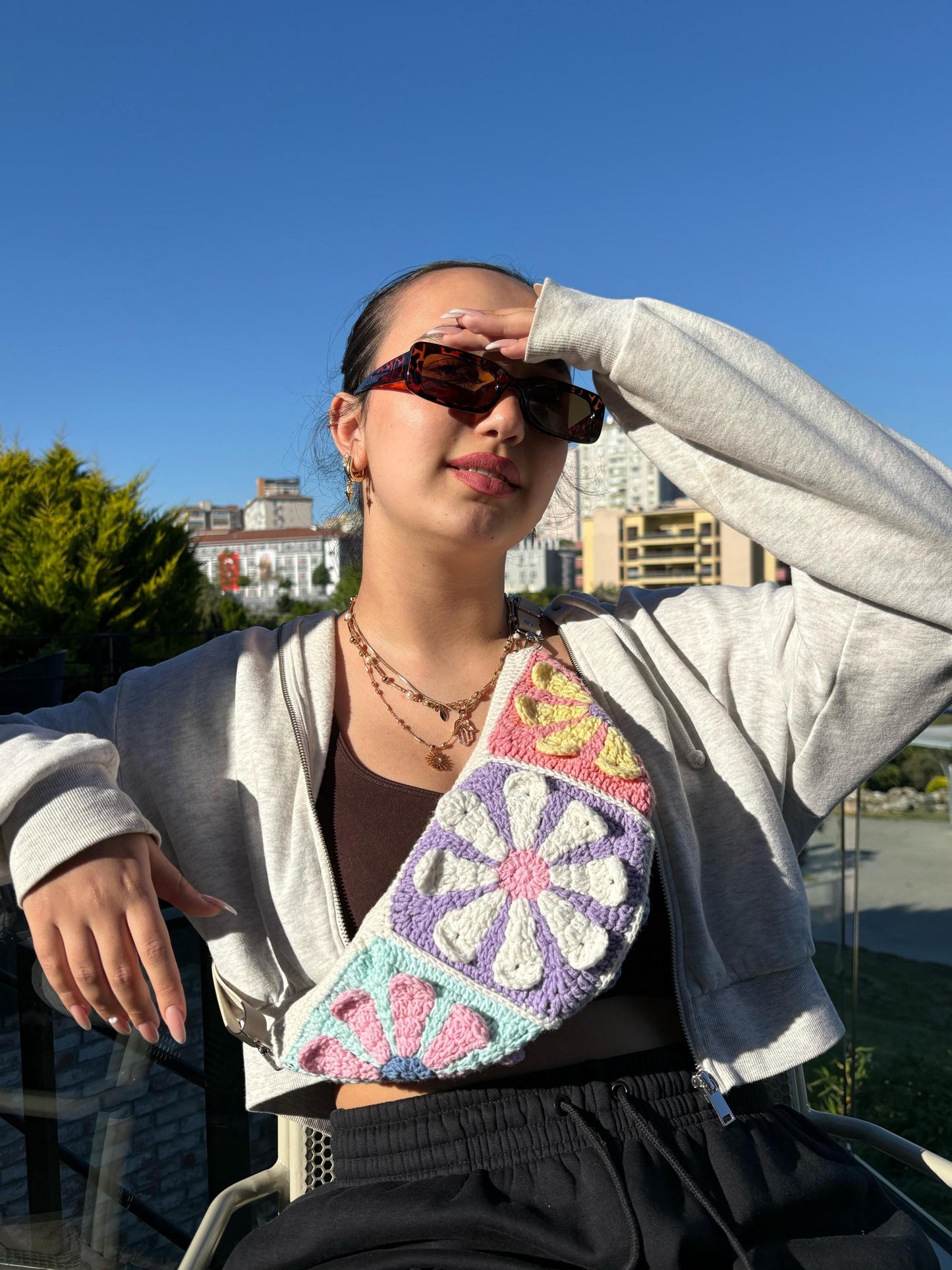 Crochet Granny Square Crossbody Bag: Bohemian Cotton Blend Bum Bag, Aesthetic Spring Style