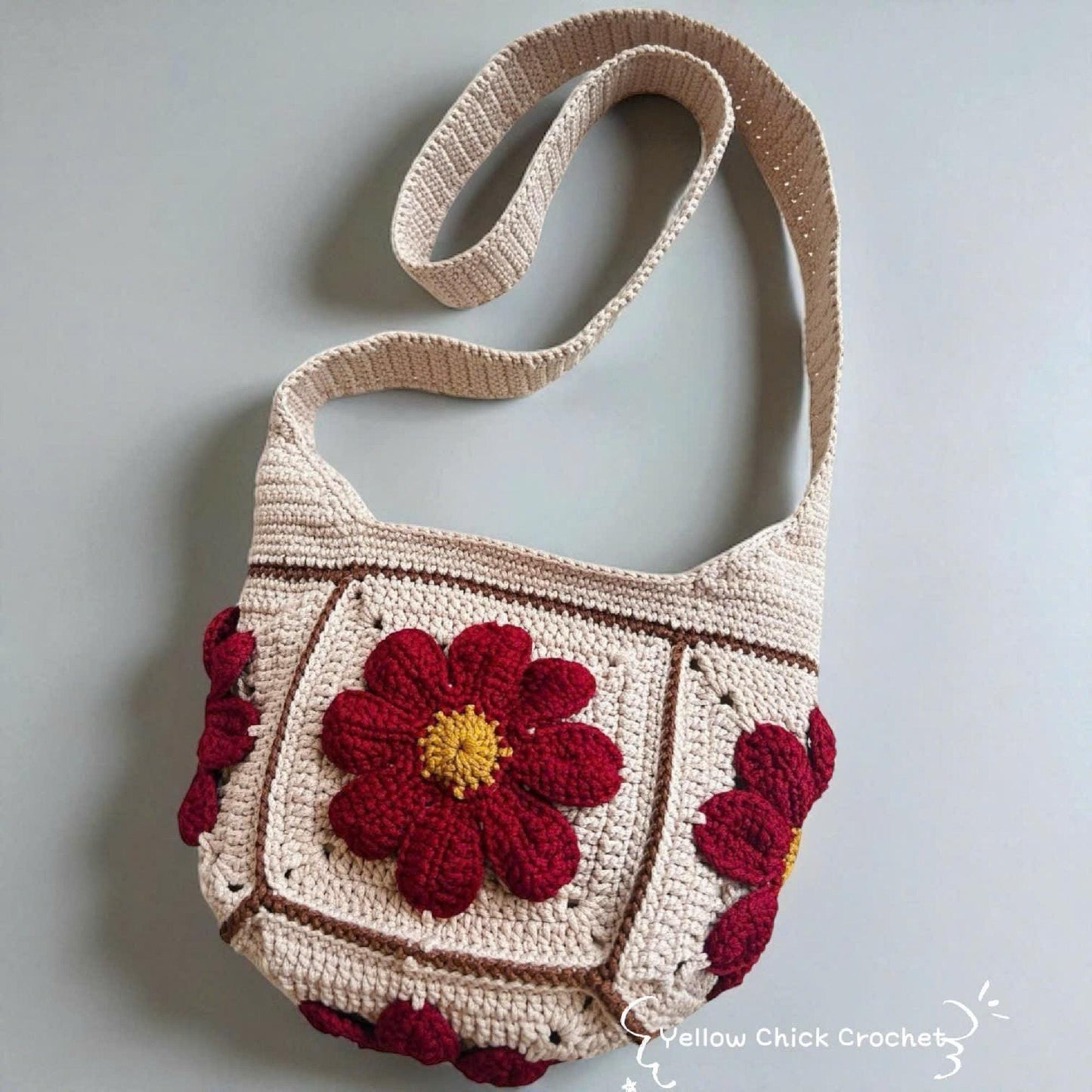 Crochet Shoulder Bag, Handmade Granny Floral Bag with 3D Red Flowers, flower bag, tote bag, summer accessories,Mother's Day gift,Easter Gift