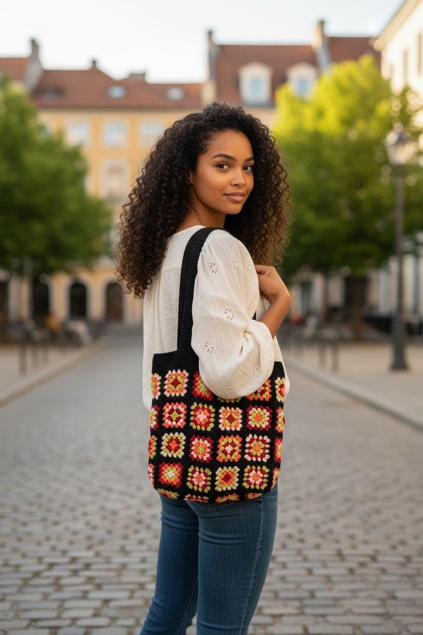 Crochet Granny Square Tote Bag: Dark Grey Boho Beach Bag