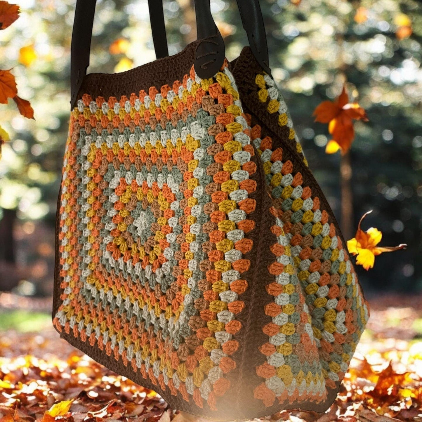 XXL Granny Square Crochet Bag: Autumn Colors, Leather Handles