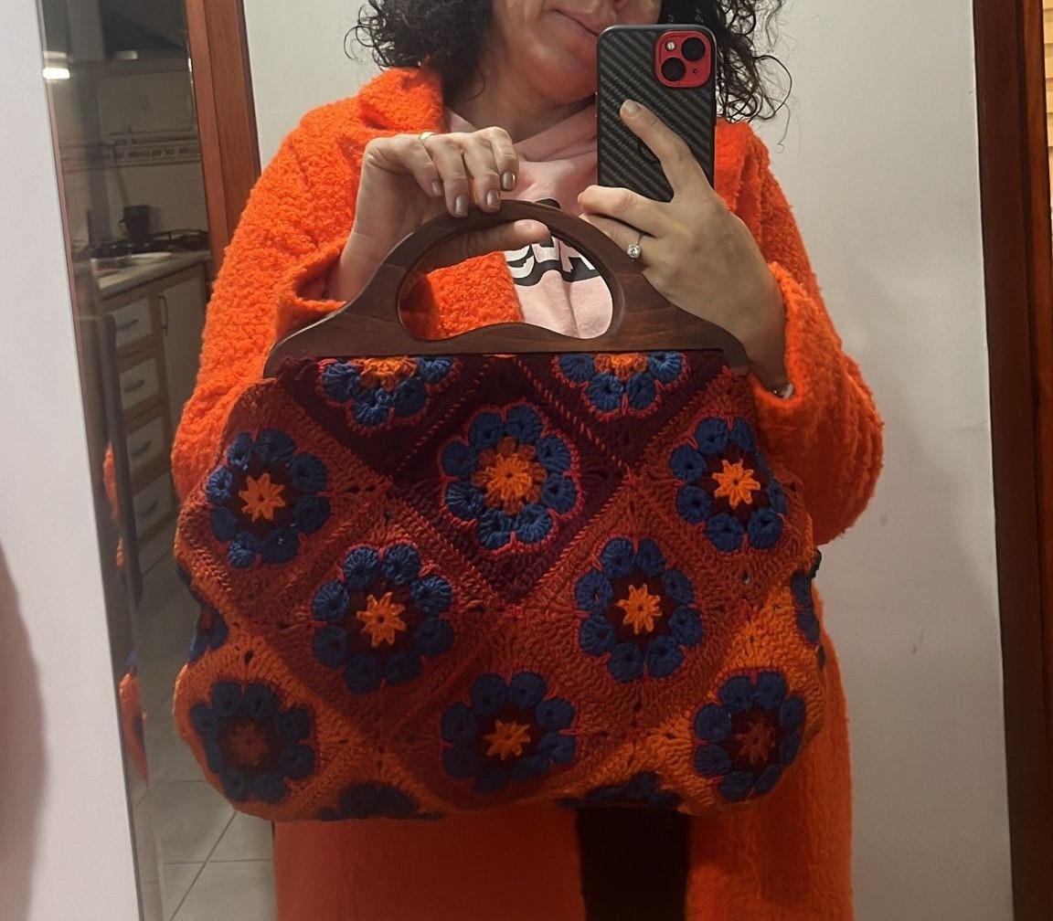 Boho Crochet Granny Square Tote â€?Handmade Vintage Style Purse with Wooden Handles