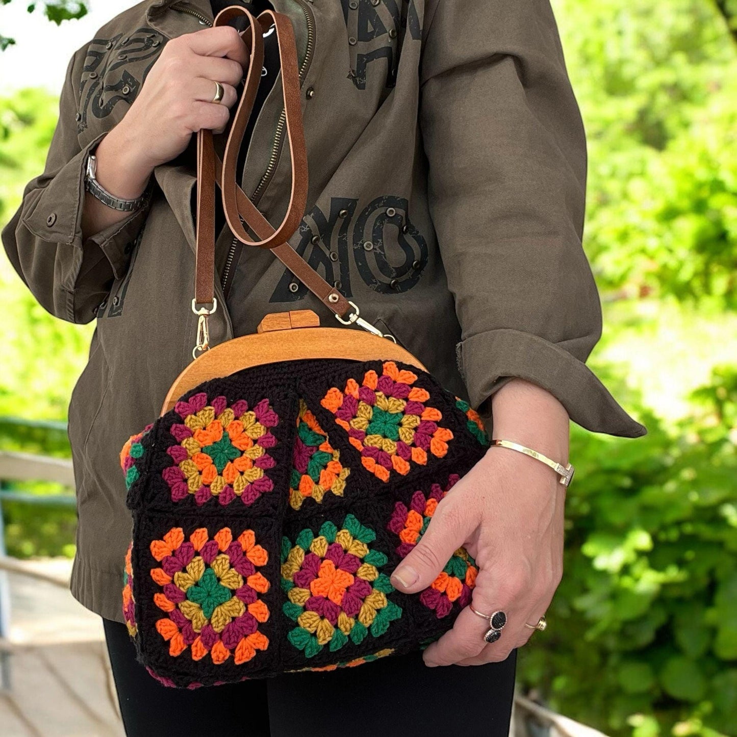 Handmade Crochet Granny Square Bag: Colorful Bohemian Purse with Wooden Clasp