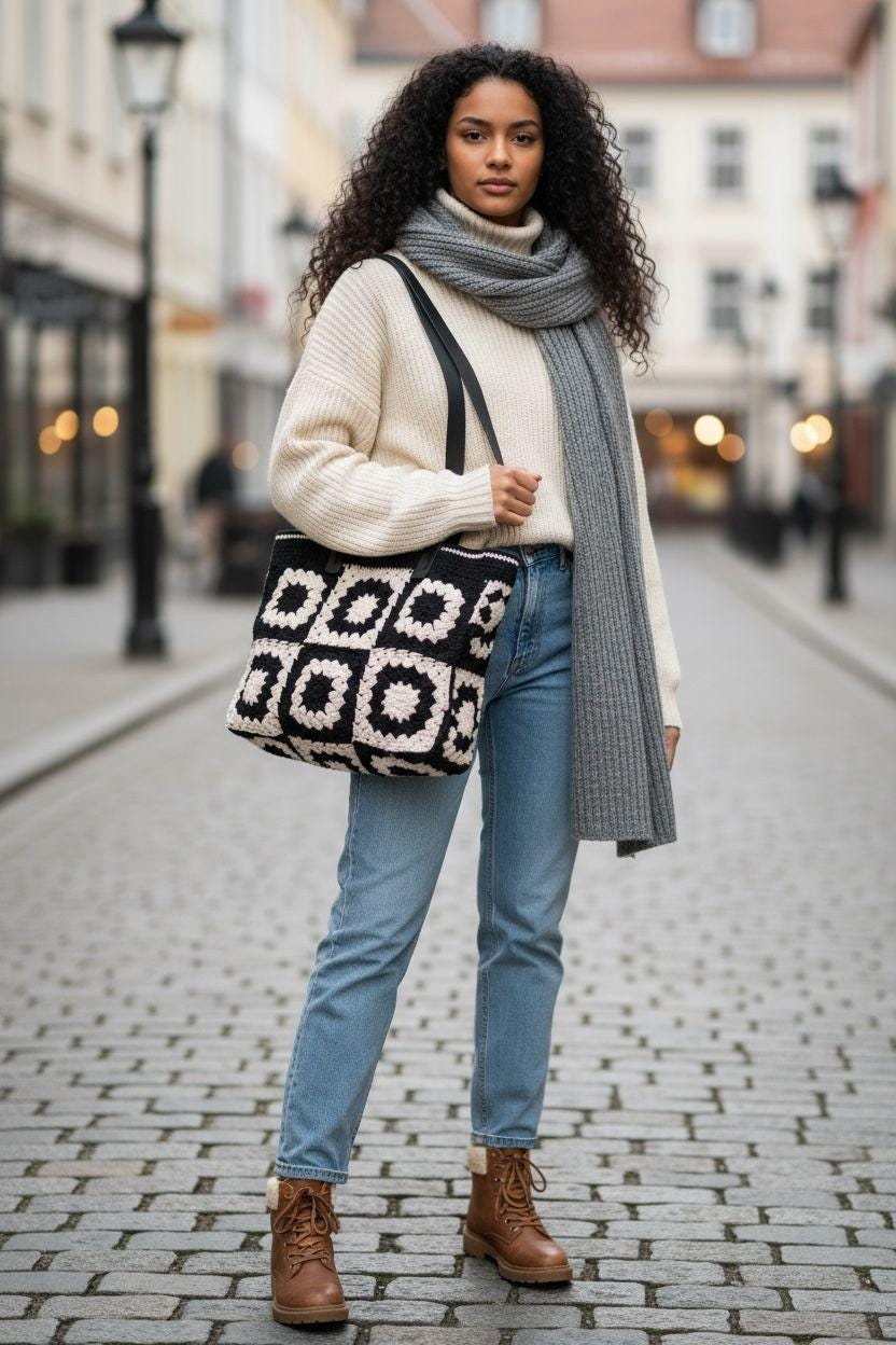 Black &amp; Cream Crochet Tote Bag with Leather Handles