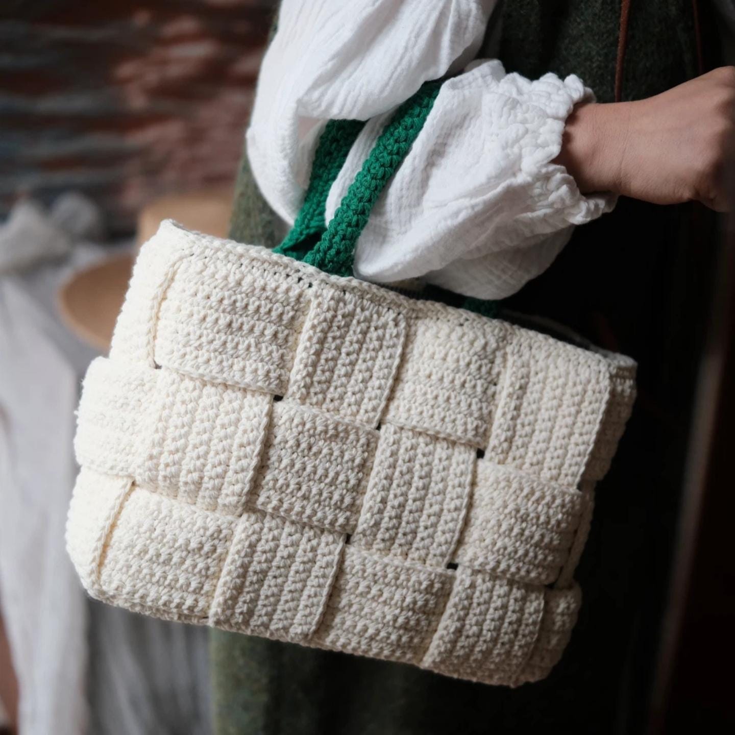 Handmade Woven Crochet Tote Bag - Cream Textured Basket Weave Shoulder Bag with Heavy-Duty Structure and Striped Fabric Lining, Gift for her