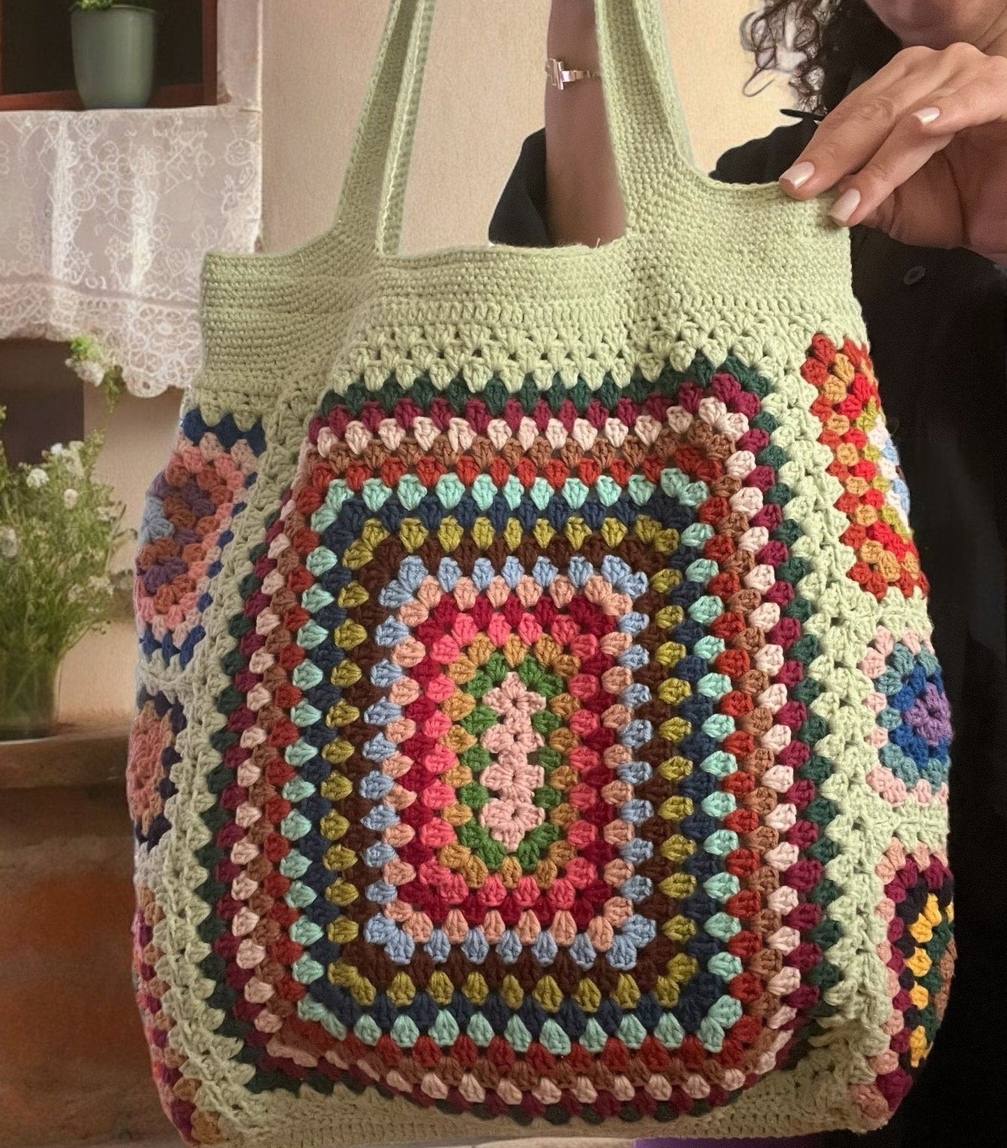 Crochet Granny Square Tote Bag: Boho Vintage Shoulder Bag