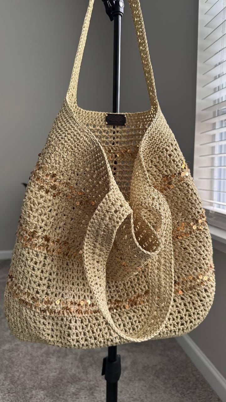 Handmade Raffia Crochet Tote Bag with Sequins, Boho Beach Accessory