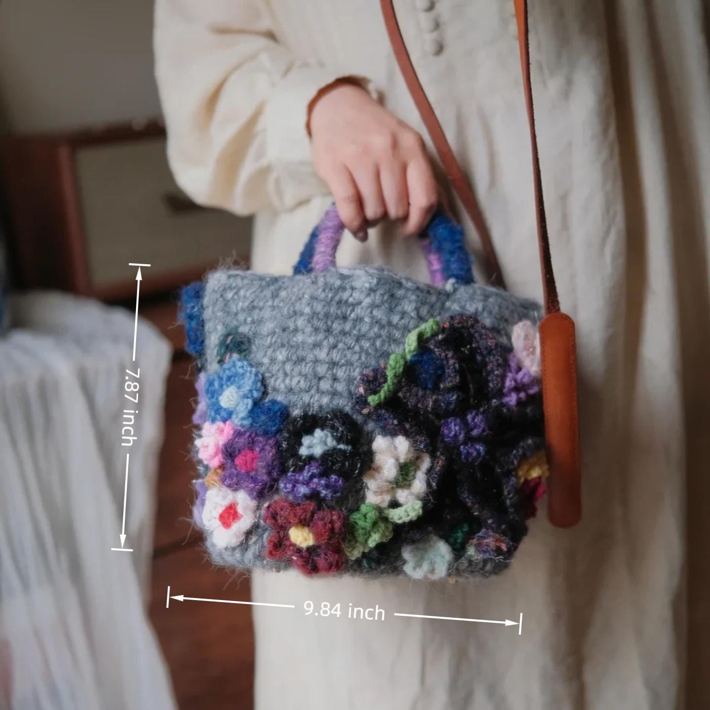 Handmade 3D Flower Crochet Bag, Boho Tote, Colorful Textured Knit Purse, Unique Artisan Handbag, Mother's Day Gift for Mom