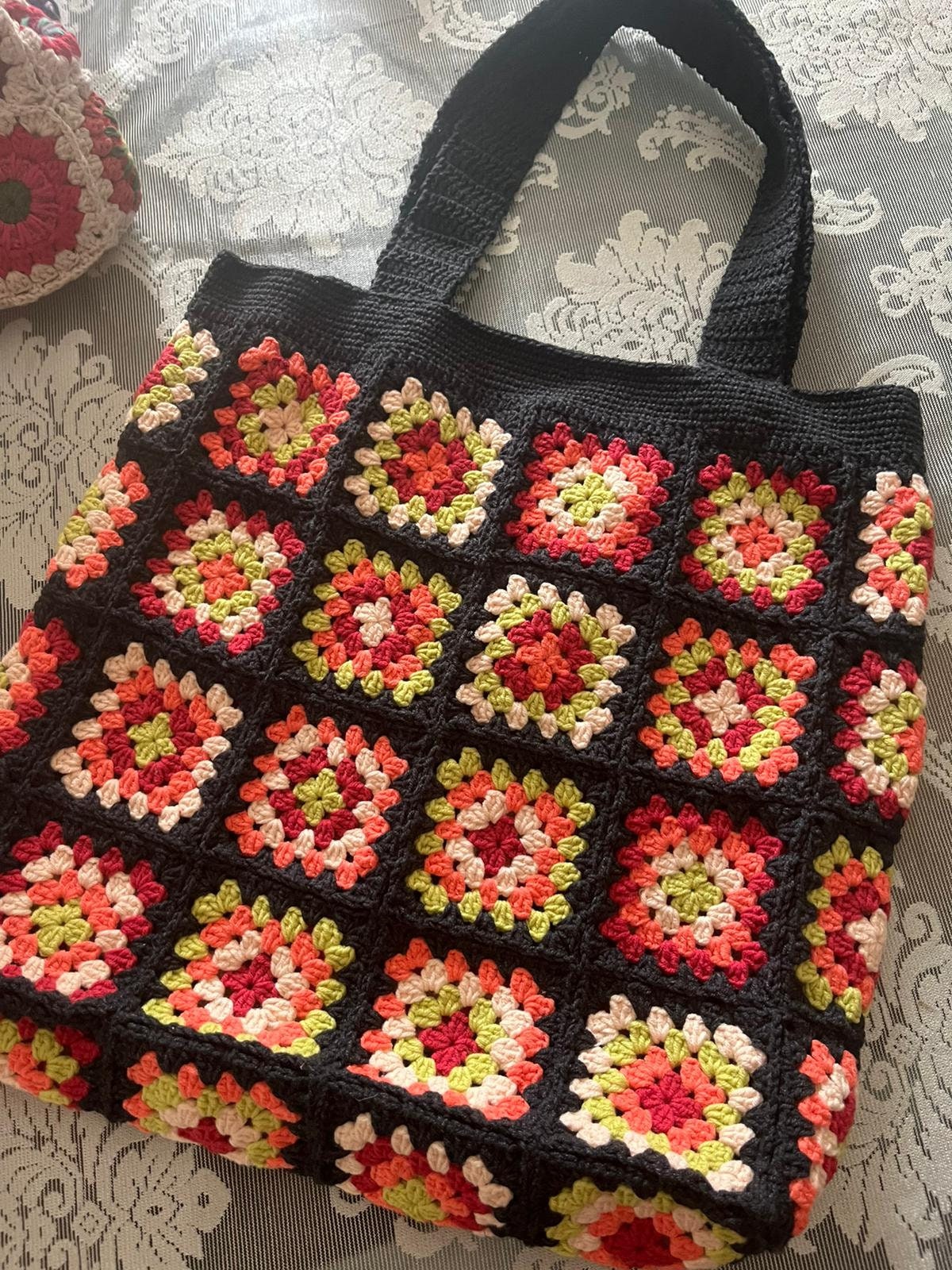 Crochet Granny Square Tote Bag: Dark Grey Boho Beach Bag