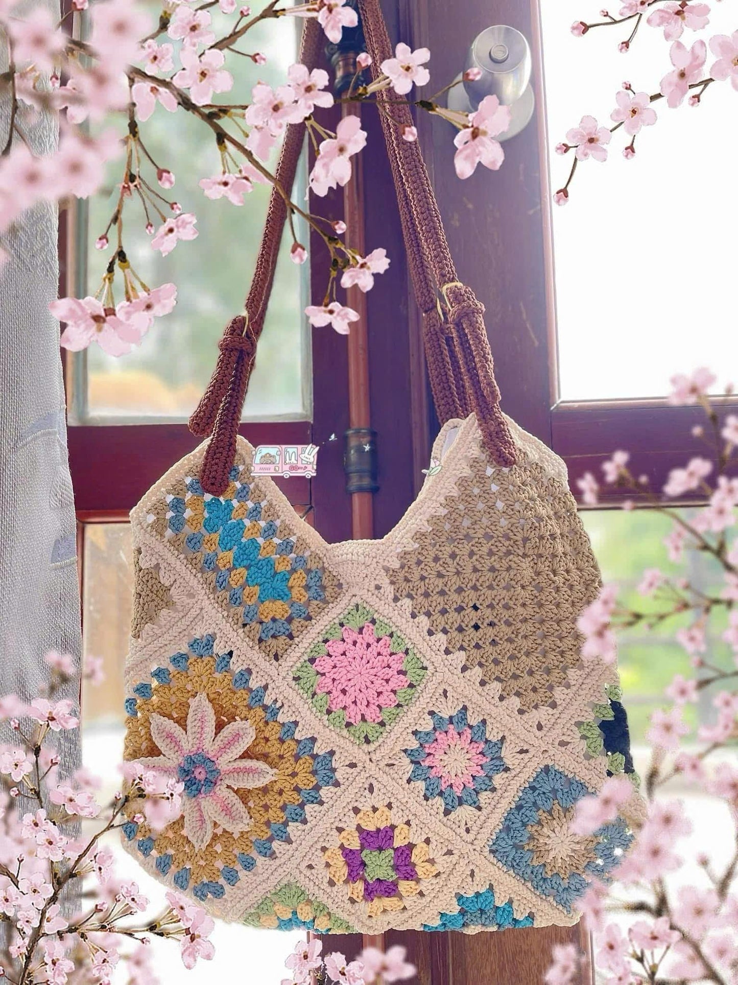 Handmade Crochet Patchwork Tote Bag, Warm Autumn Colors, Lined - Zippered, Mother's Day Gift, Floral Square Bag, Easter Gift