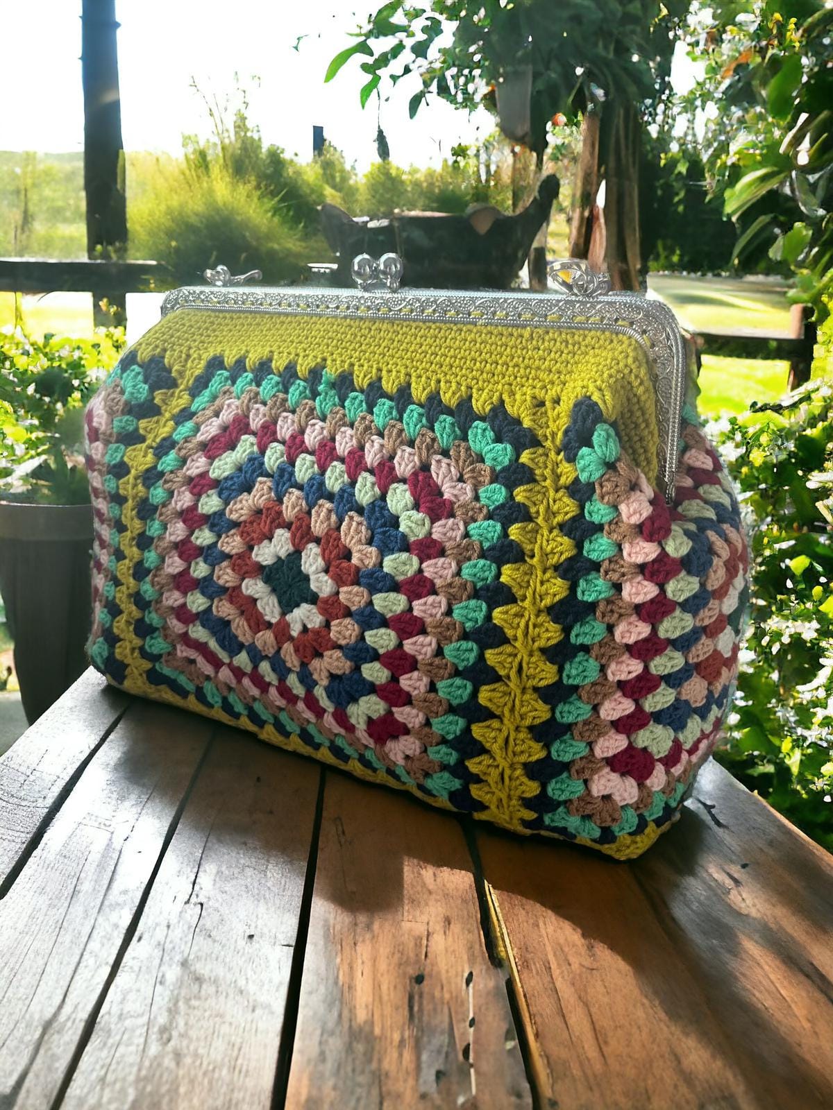 Handmade Granny Square Crochet Clutch: Vintage Style Purse with Adjustable Strap crochet bag