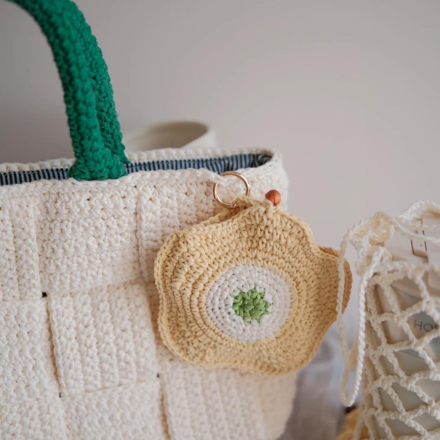 Handmade Woven Crochet Tote Bag - Cream Textured Basket Weave Shoulder Bag with Heavy-Duty Structure and Striped Fabric Lining, Gift for her