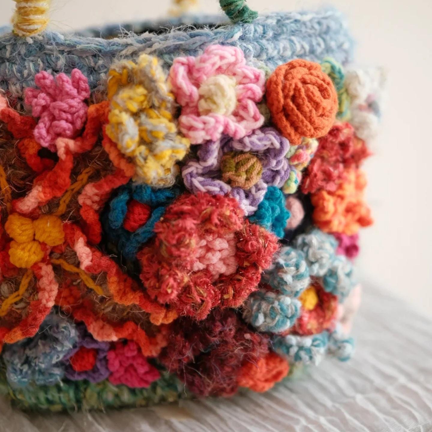 Original Crochet Flower Tote, Hand-Knitted Wool Blend Bag,Floral Applique Purse, Artistic Shoulder Bag, Gift for Her, Wedding Guest Bag