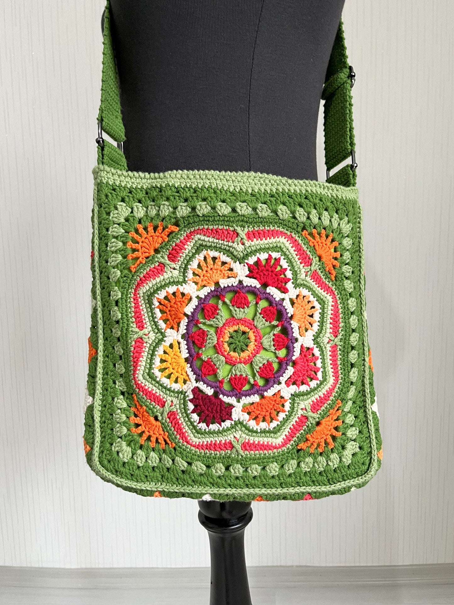 Handmade Crochet Crossbody Bag: Boho Green Cotton Shoulder Bag, Black Friday Gift
