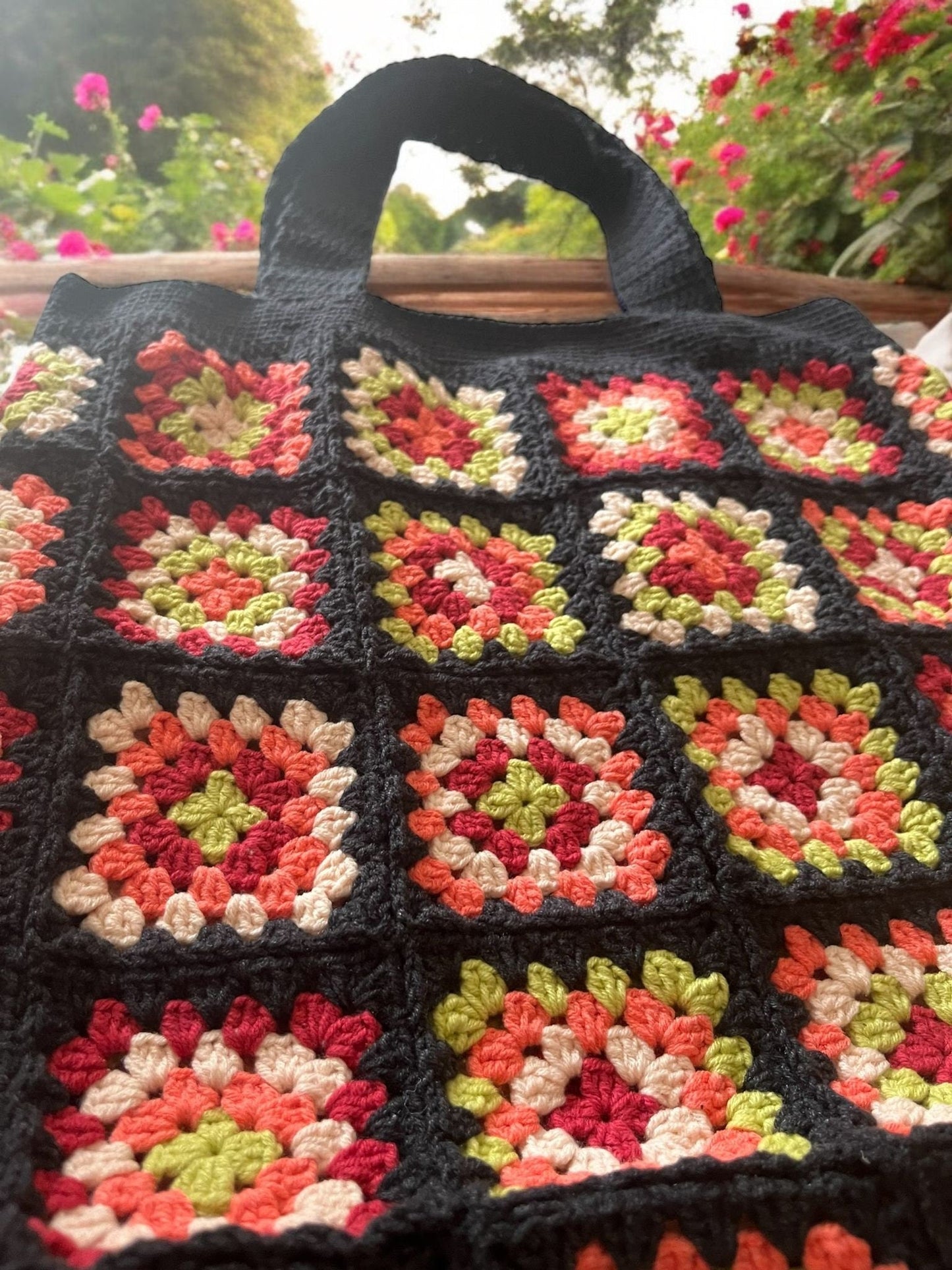 Crochet Granny Square Tote Bag: Dark Grey Boho Beach Bag