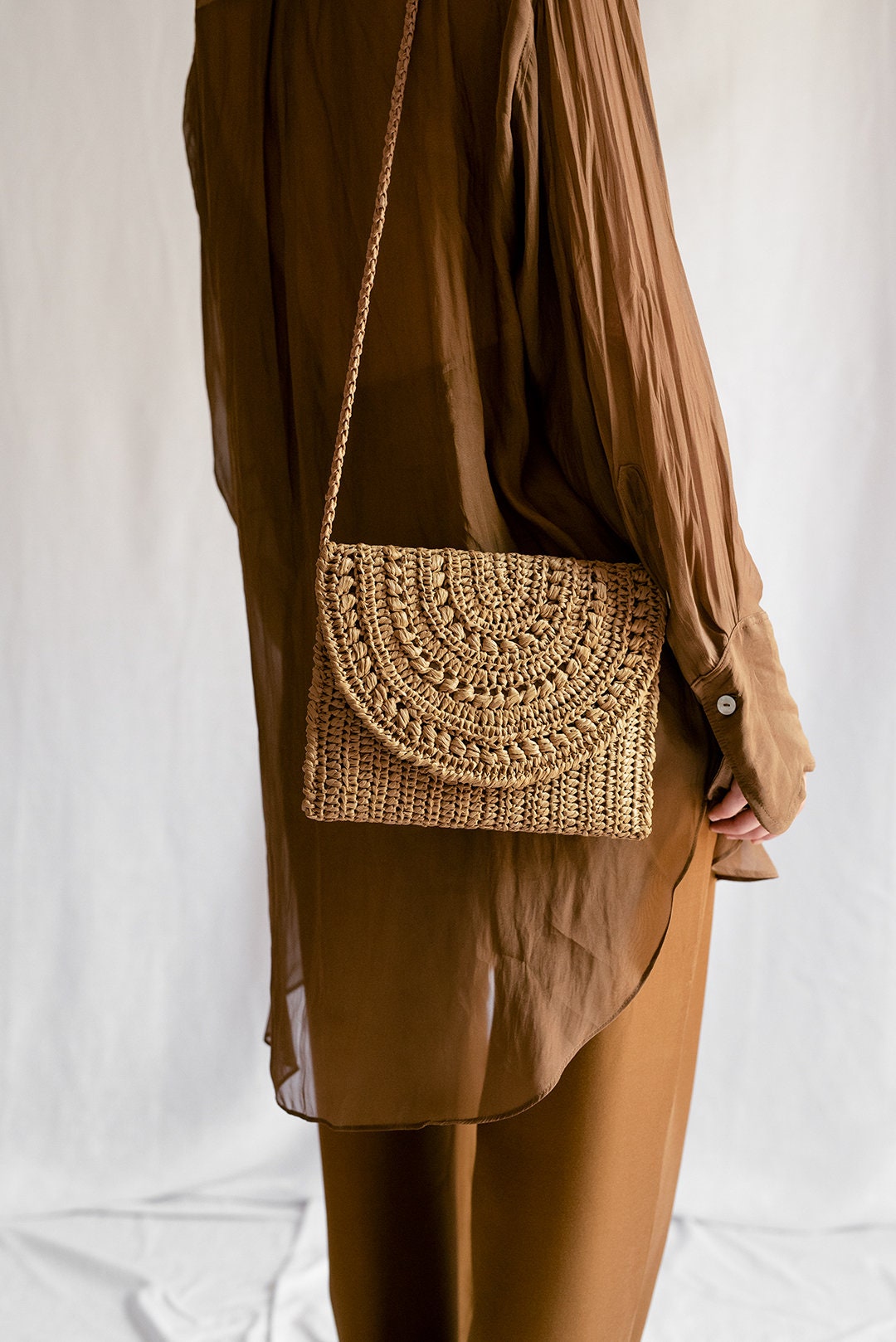 Crochet Raffia Clutch in Tan, Straw Summer Bag, Raffia Clutch Handbag, Tan Crochet Summer Bag, Crochet Straw Clutch  — Marigold Bag