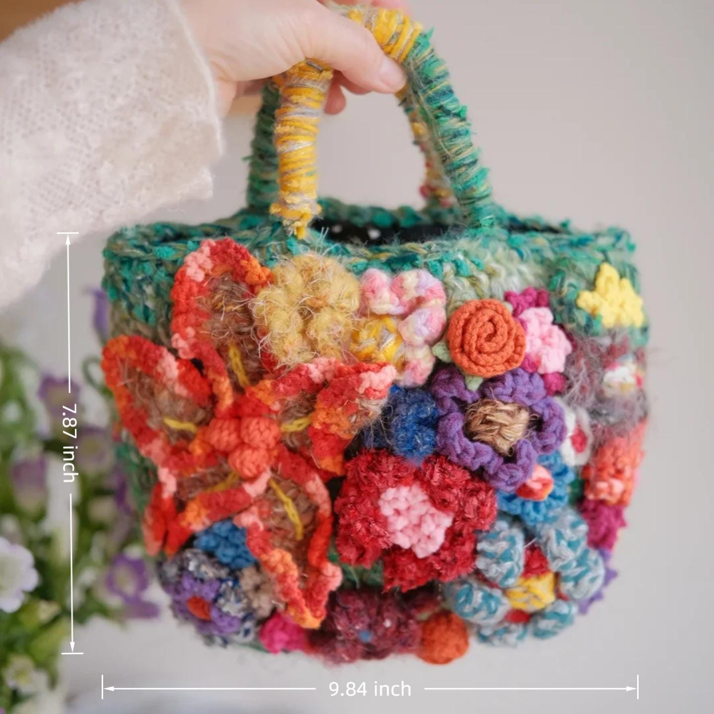 Original Crochet Flower Tote, Hand-Knitted Wool Blend Bag,Floral Applique Purse, Artistic Shoulder Bag, Gift for Her, Wedding Guest Bag