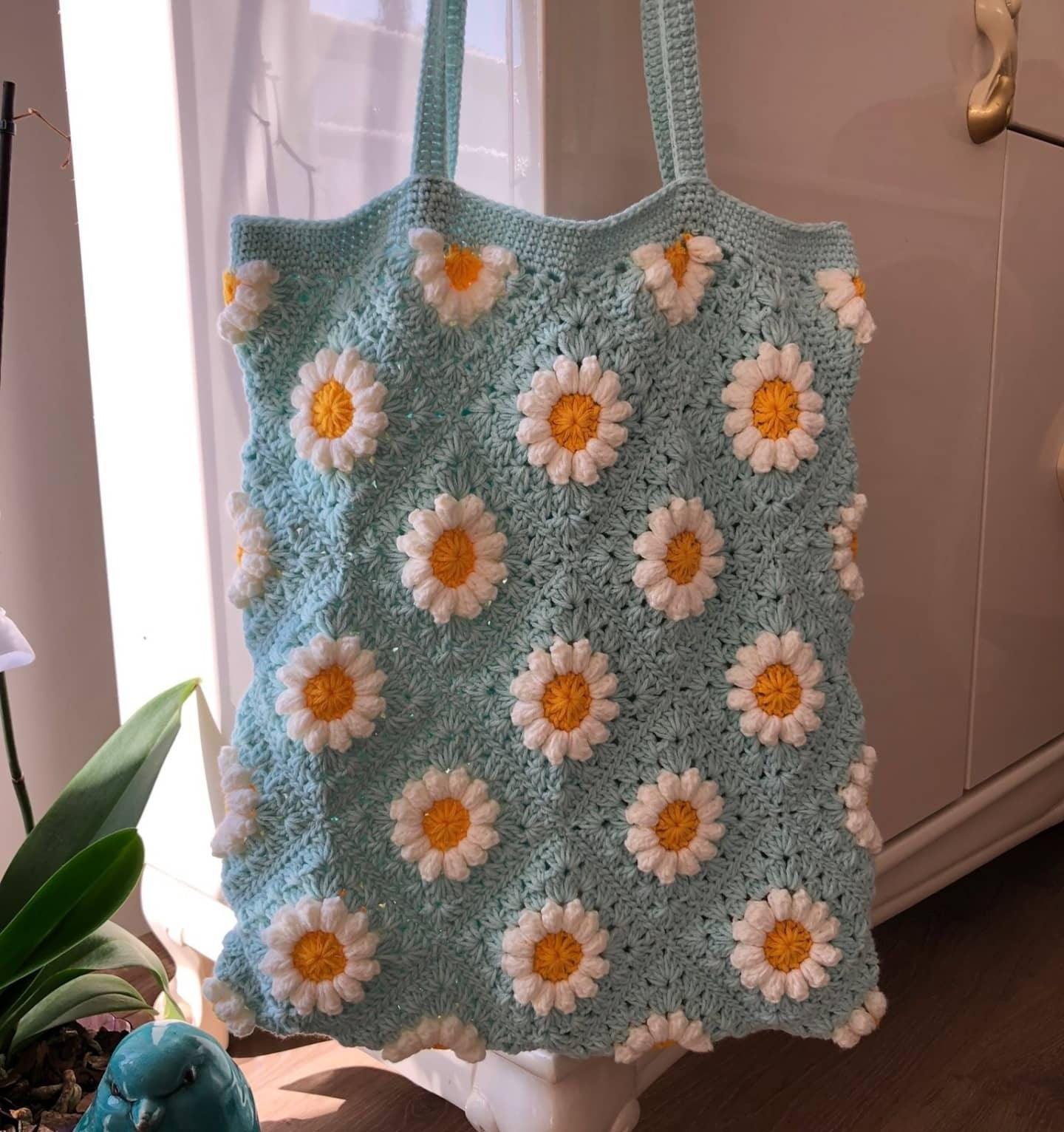 Blue Crochet Granny Square Bag: Handmade Cotton Summer Tote, Personalized Beach Bag