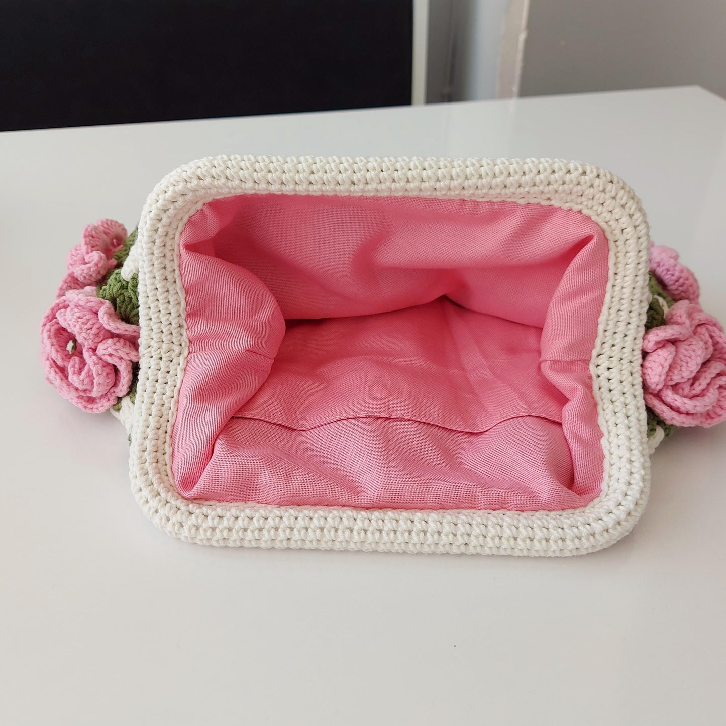 Handmade Crochet Granny Square Bag: 3D Rose Kisslock Clutch, Valentine Tote Bag